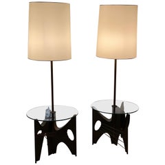 Pair of Brutalist Metal Floor Lamps with Table by Harry Balmer for Laurel