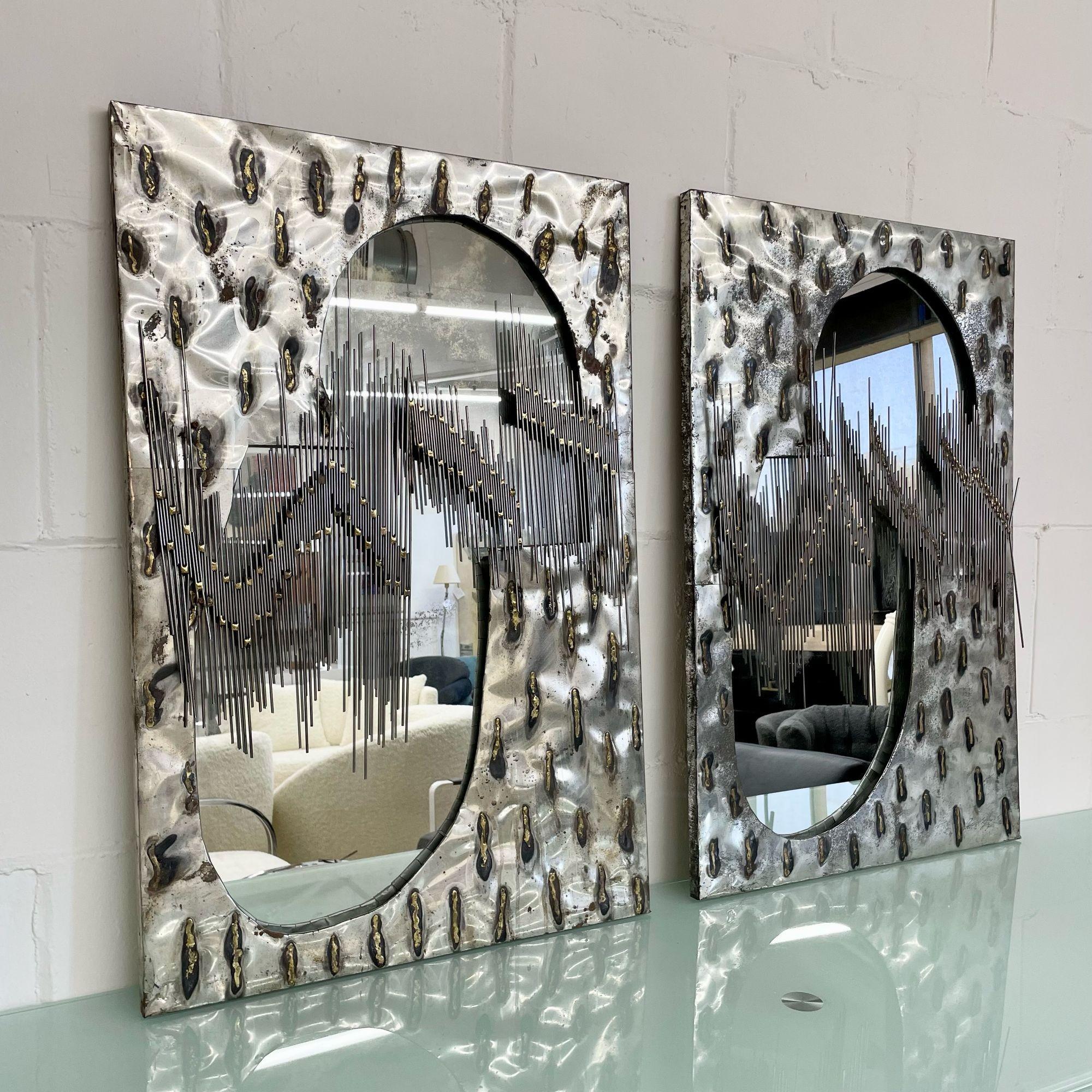 Late 20th Century Pair of Brutalist Mid-Century Modern Paul Evans Style Mirrors, Wall / Console