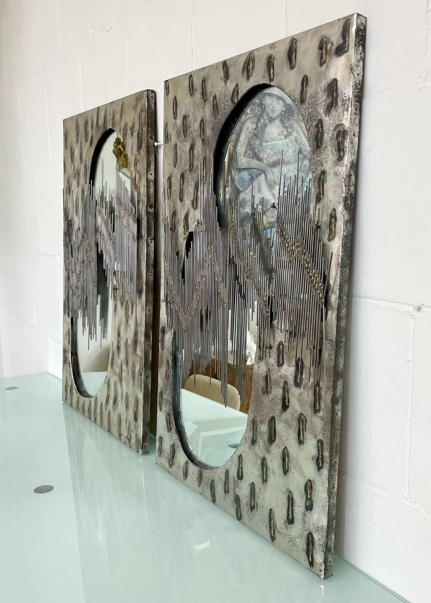 Pair of Brutalist Mid-Century Modern Paul Evans Style Mirrors, Wall / Console 1