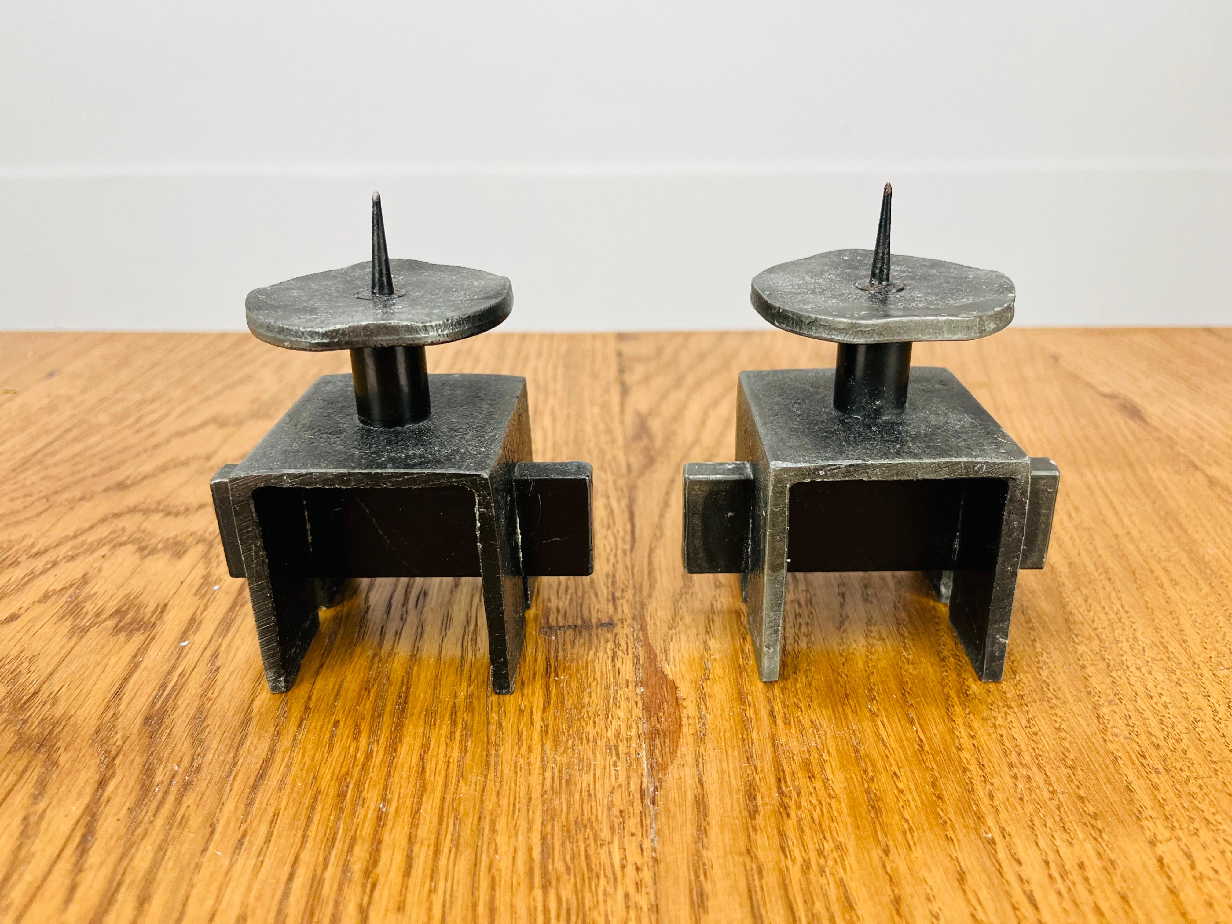 French Pair of Brutalist Mid Century wrought iron candle holder sticks For Sale