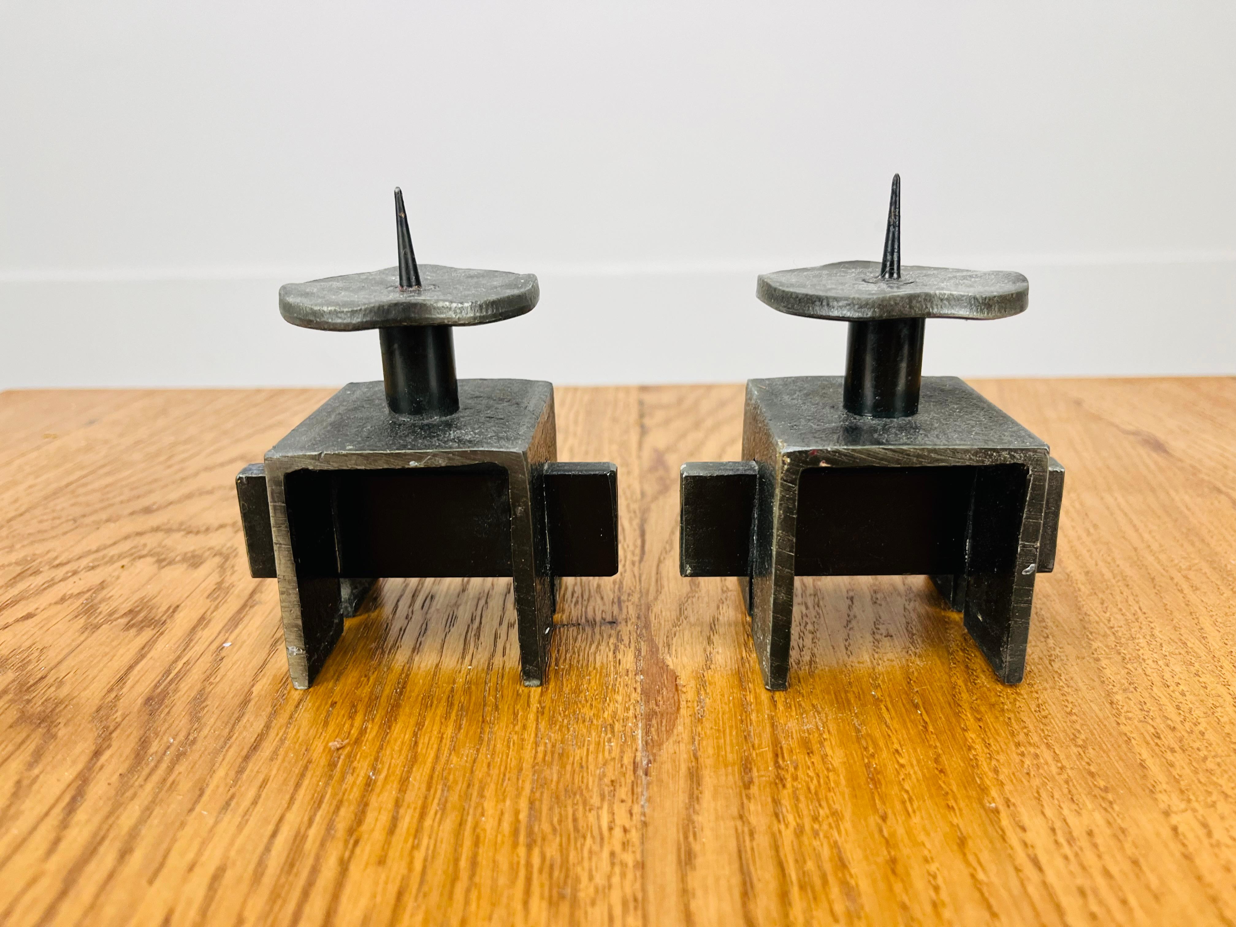 Wrought Iron Pair of Brutalist Mid Century wrought iron candle holder sticks For Sale