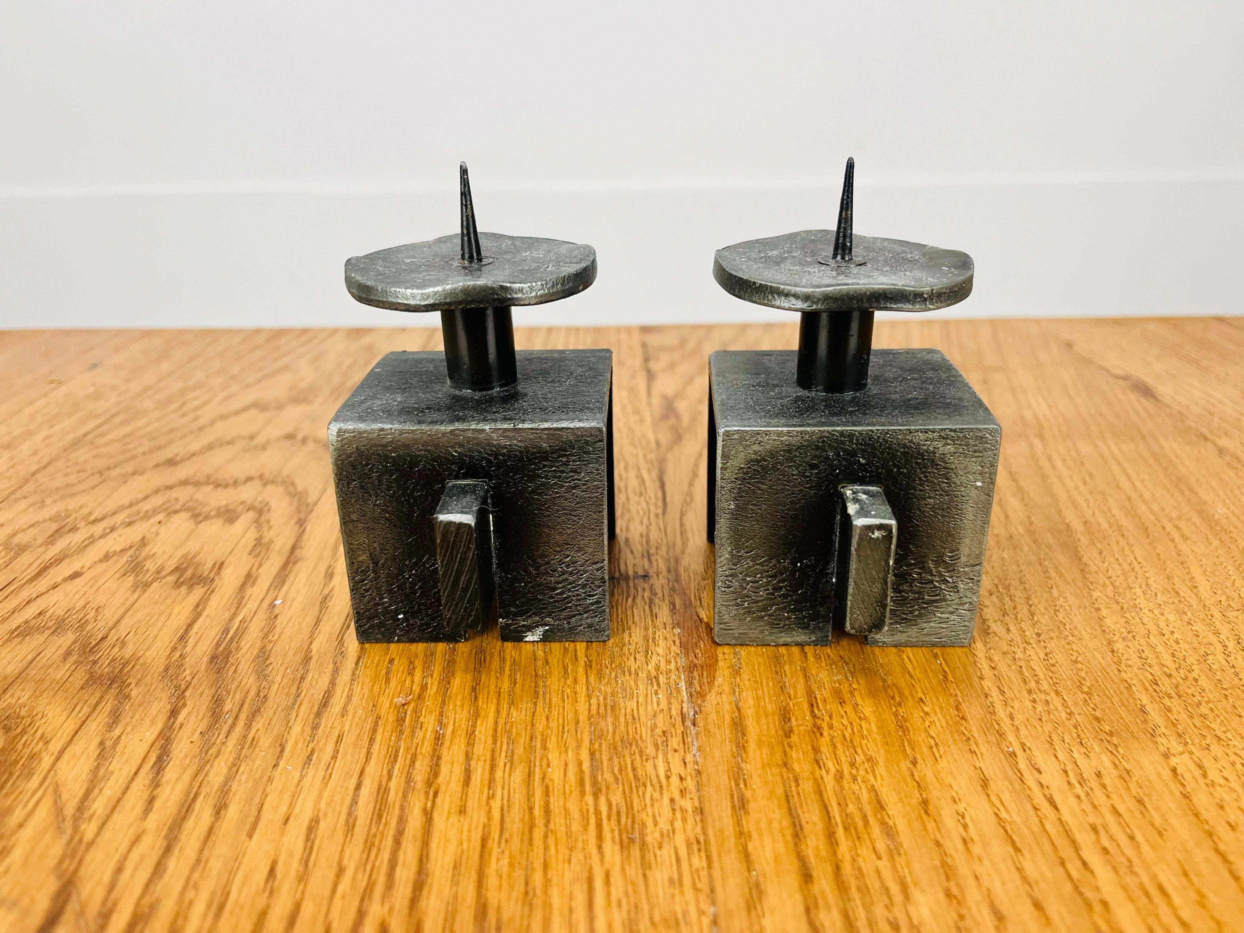 Pair of Brutalist Mid Century wrought iron candle holder sticks For Sale 1
