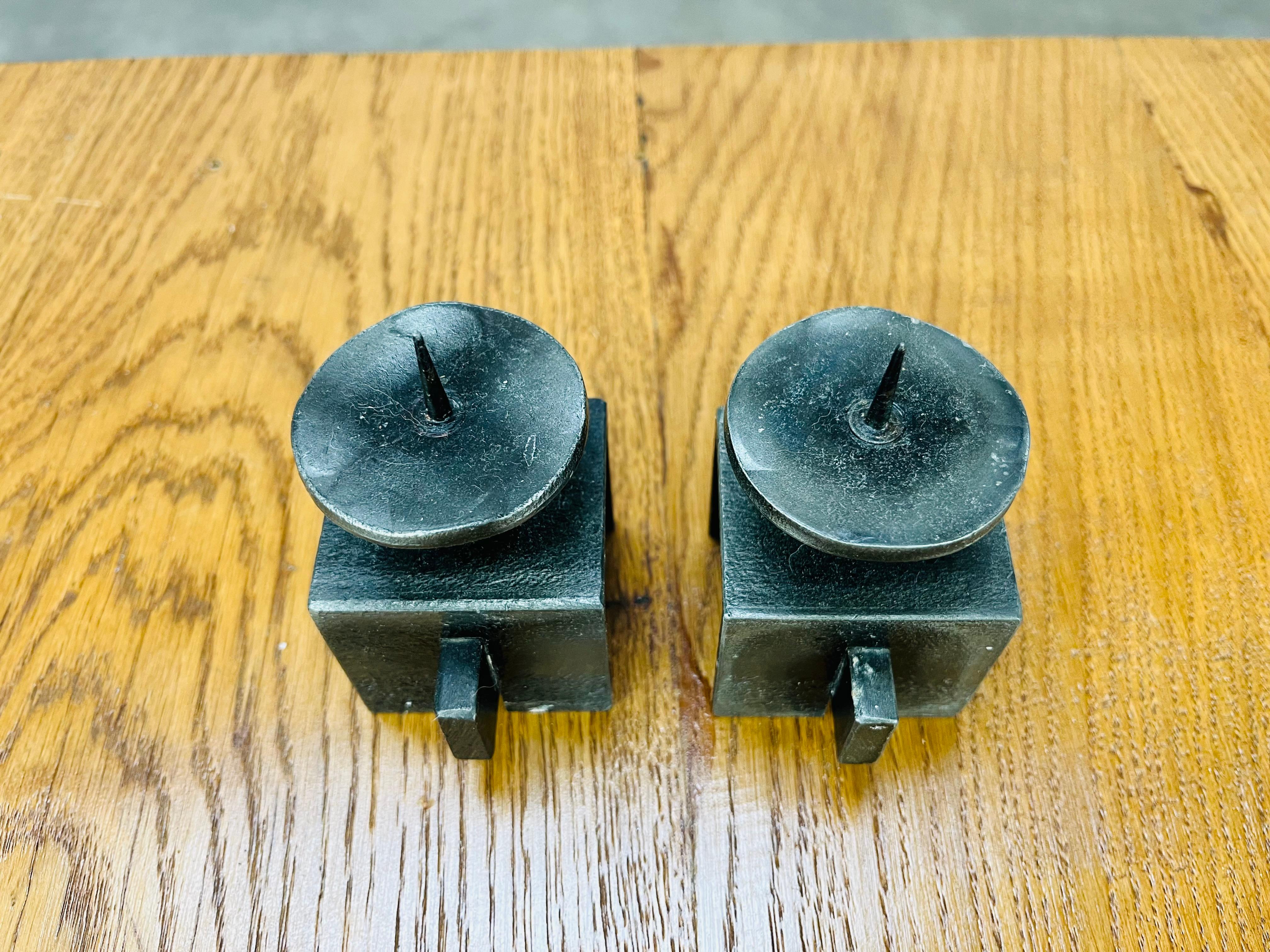 Pair of Brutalist Mid Century wrought iron candle holder sticks For Sale 2