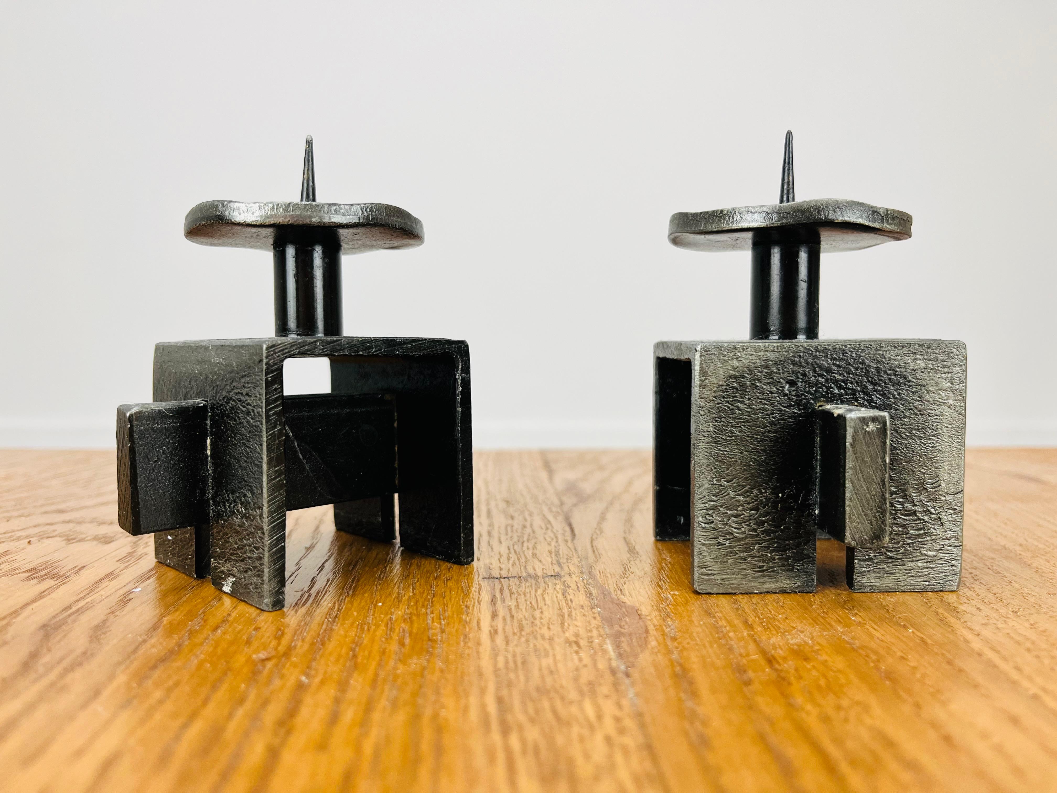 Pair of Brutalist Mid Century wrought iron candle holder sticks For Sale 3