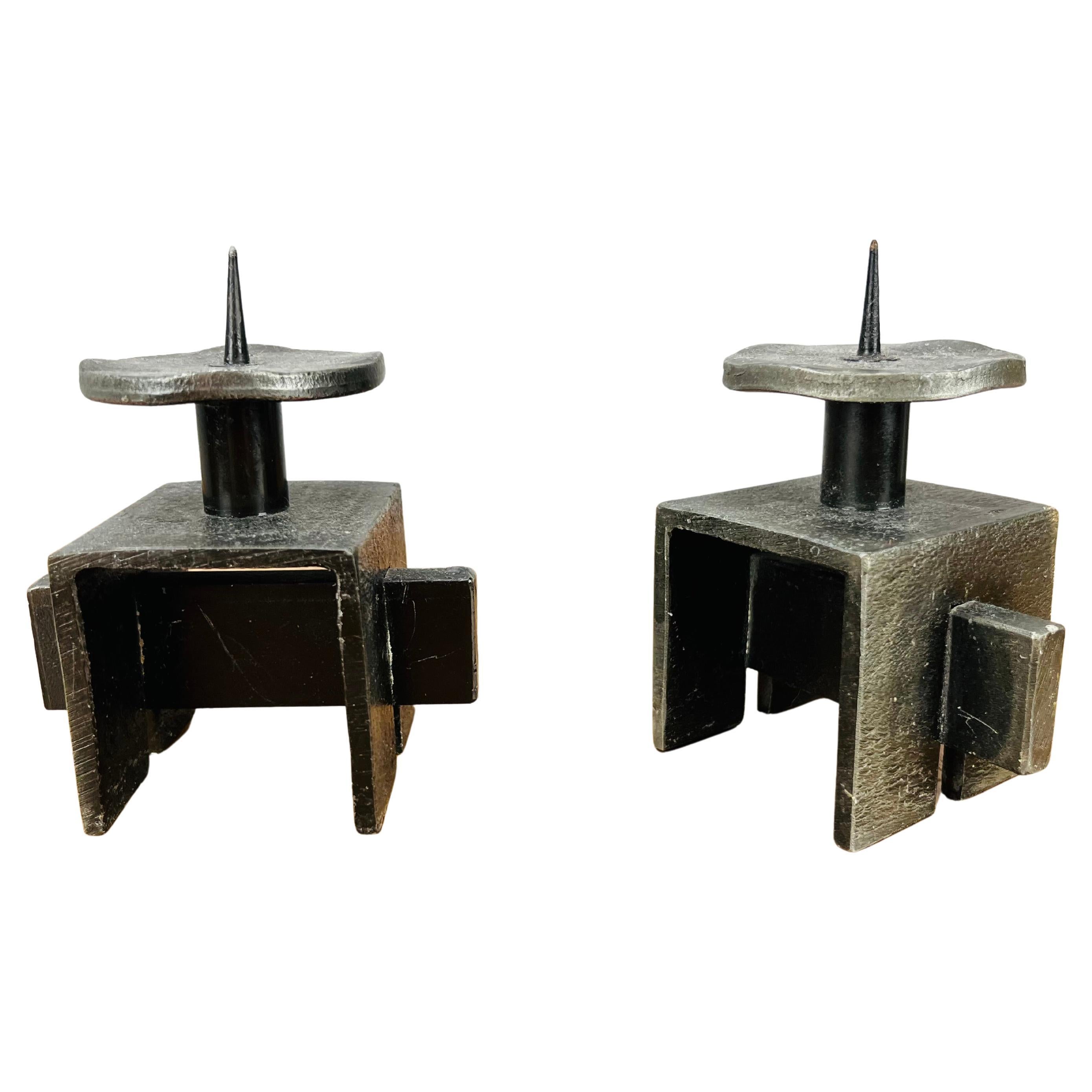 Pair of Brutalist Mid Century wrought iron candle holder sticks