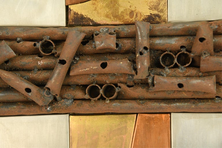 Pair of Brutalist Mixed Metal Wall Sculptures For Sale at 1stDibs