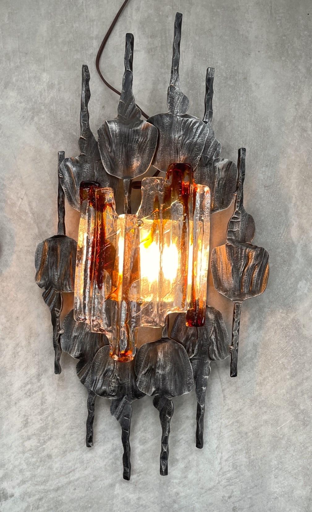 Pair of Brutalist Modern Glass Metal Sconces Tom Ahlström and Hans Ehrich 70s For Sale 4