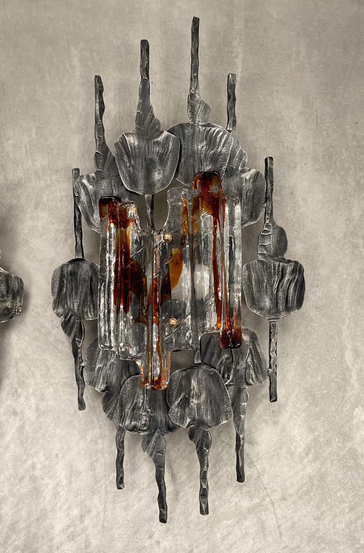 Swedish Pair of Brutalist Modern Glass Metal Sconces Tom Ahlström and Hans Ehrich 70s For Sale