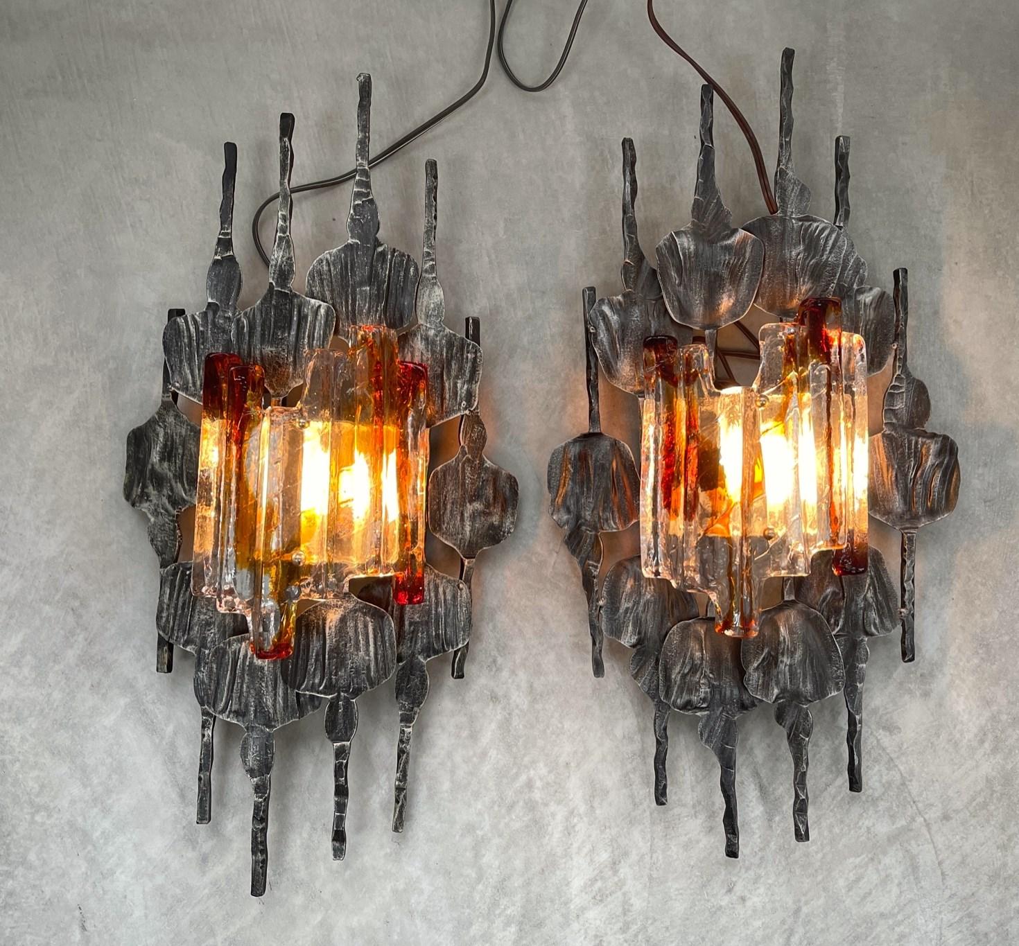 Pair of Brutalist Modern Glass Metal Sconces Tom Ahlström and Hans Ehrich 70s For Sale 3