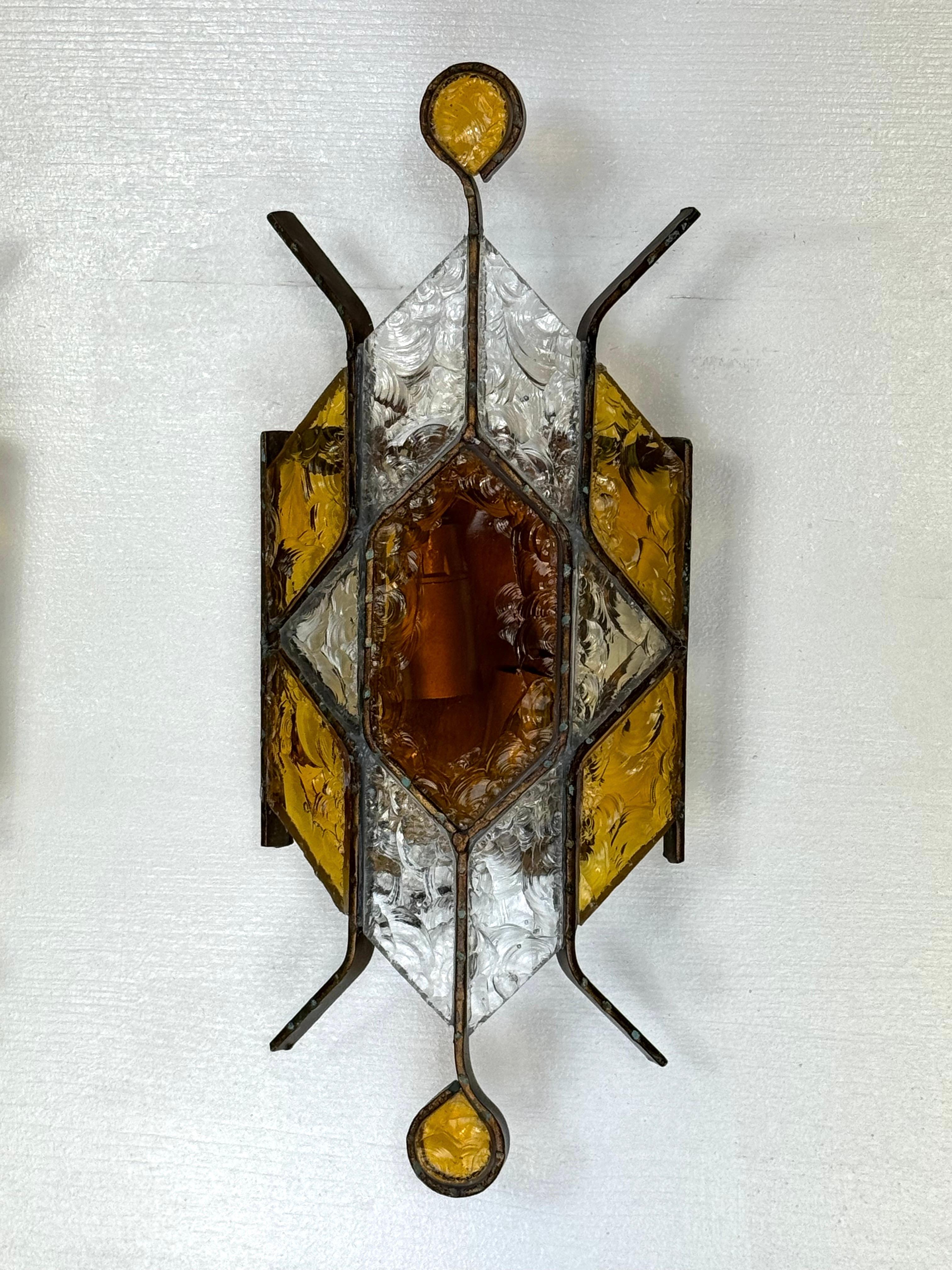Metal Pair of brutalist murano glass sconces by Poliarte. Italy 1970s. For Sale