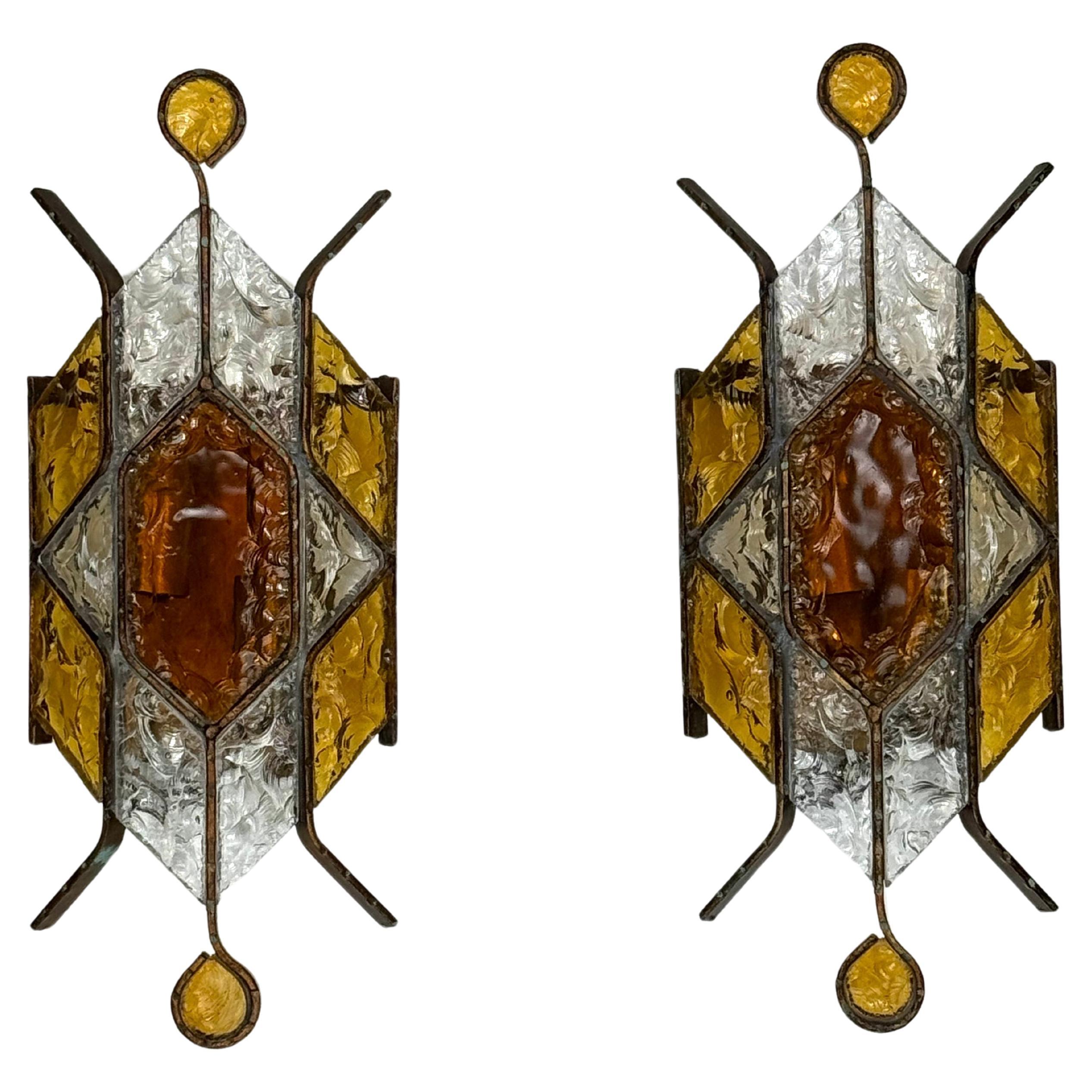 Pair of brutalist murano glass sconces by Poliarte. Italy 1970s.