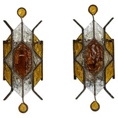 Pair of brutalist murano glass sconces by Poliarte. Italy 1970s.