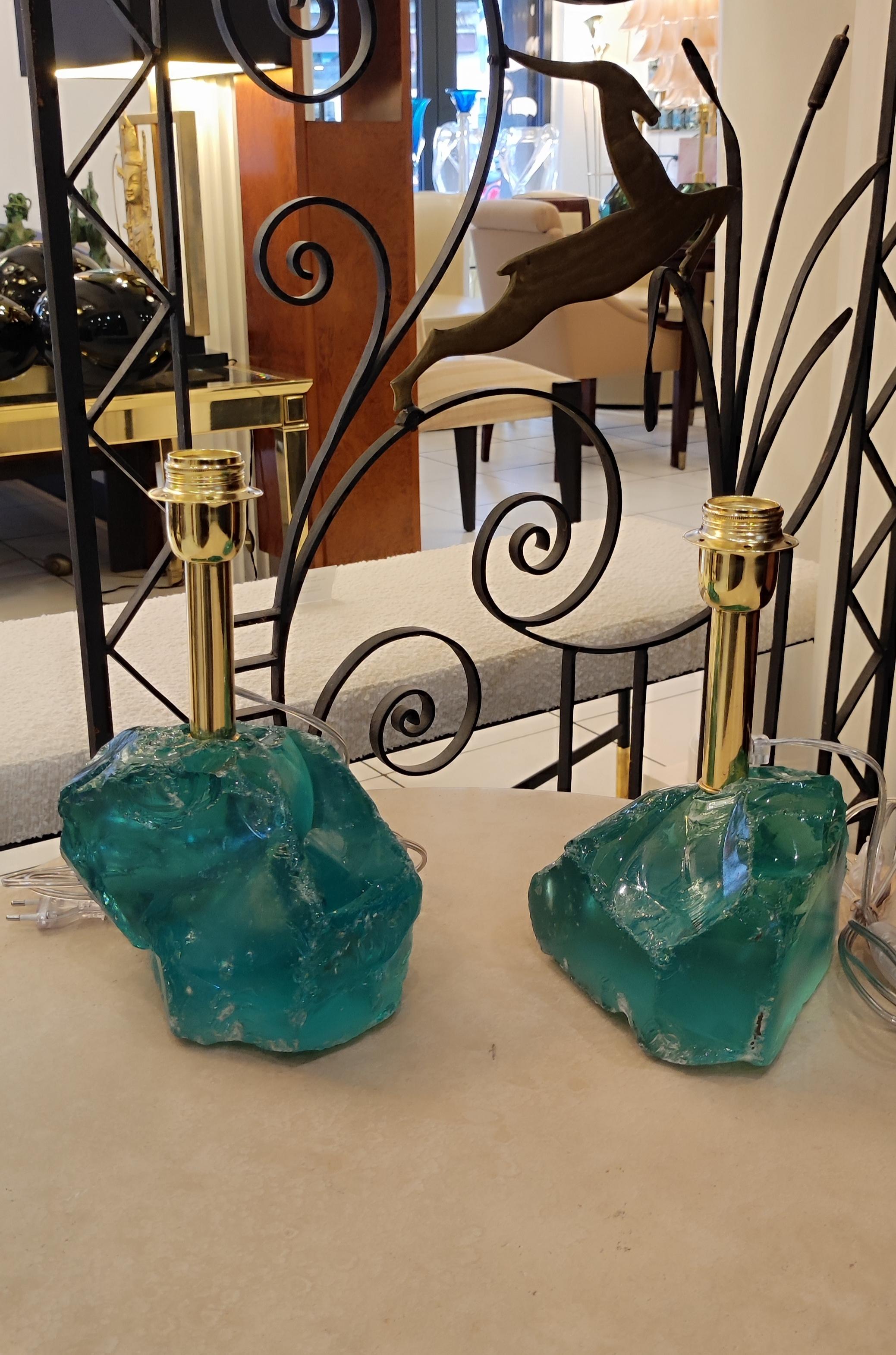 Paire de lampes de table brutalistes en verre de Murano en vente 12