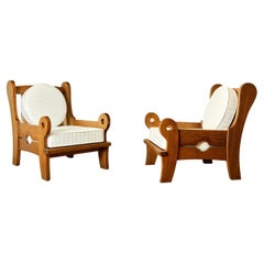 Pair of Brutalist Natural Wood Armchairs, Cotton, circa 1970, Italy