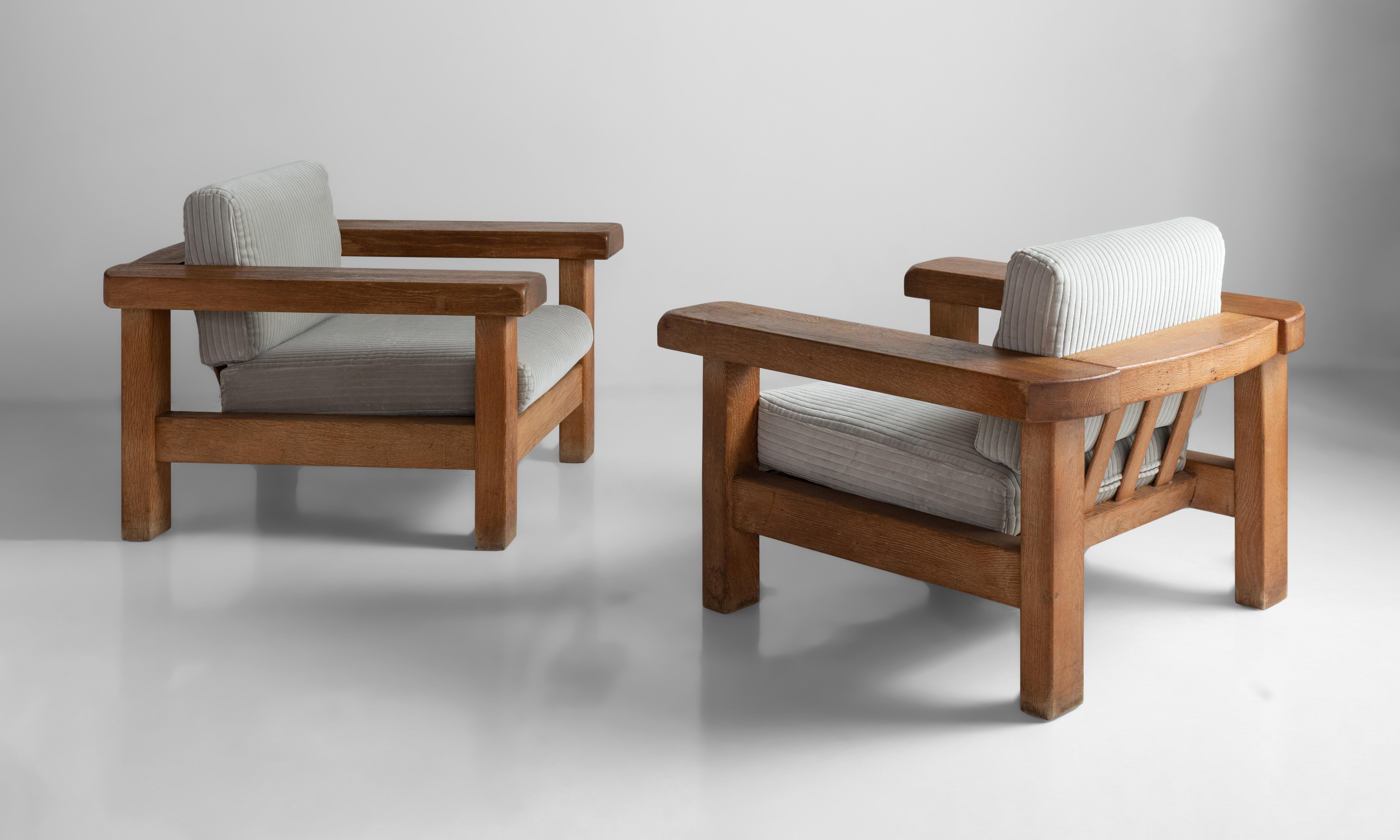French Pair of Brutalist Oak Armchairs
