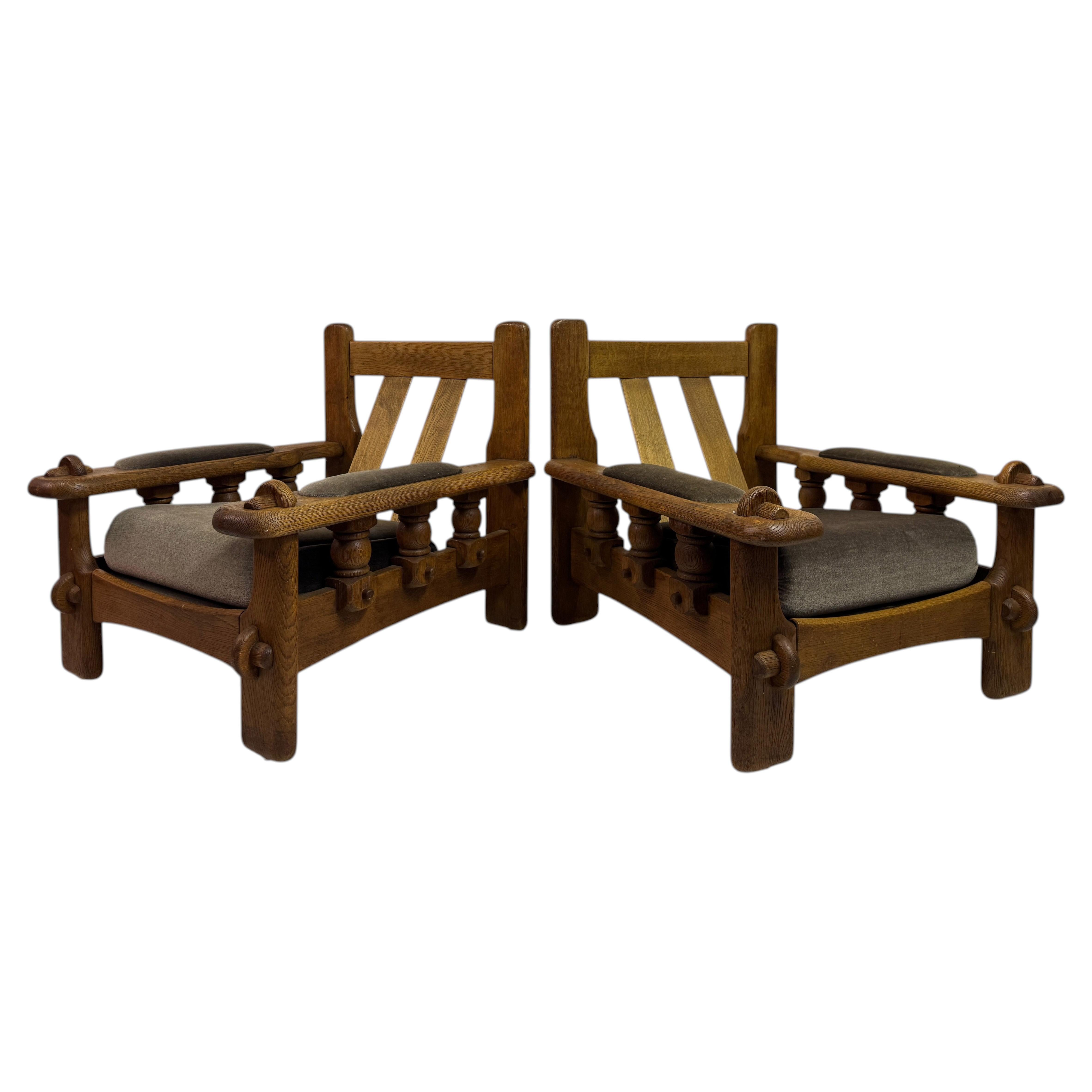 Mid-Century Brutalist Armchairs in Solid Oak, Belgian, Circa 1960s