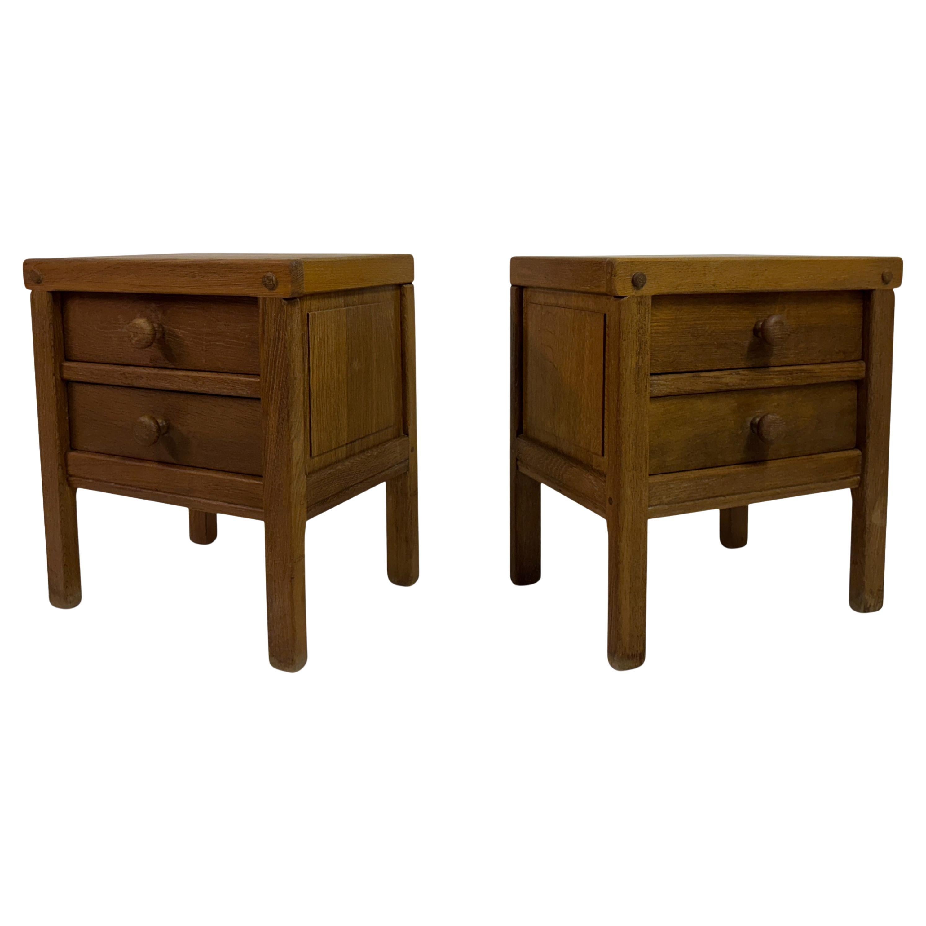Pair of Brutalist Oak Bedside Cabinets or Nightstands, 1970s