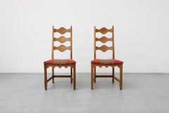 Pair of Brutalist Oak Decorative Back Dining Chairs by Henning Kjaernulf