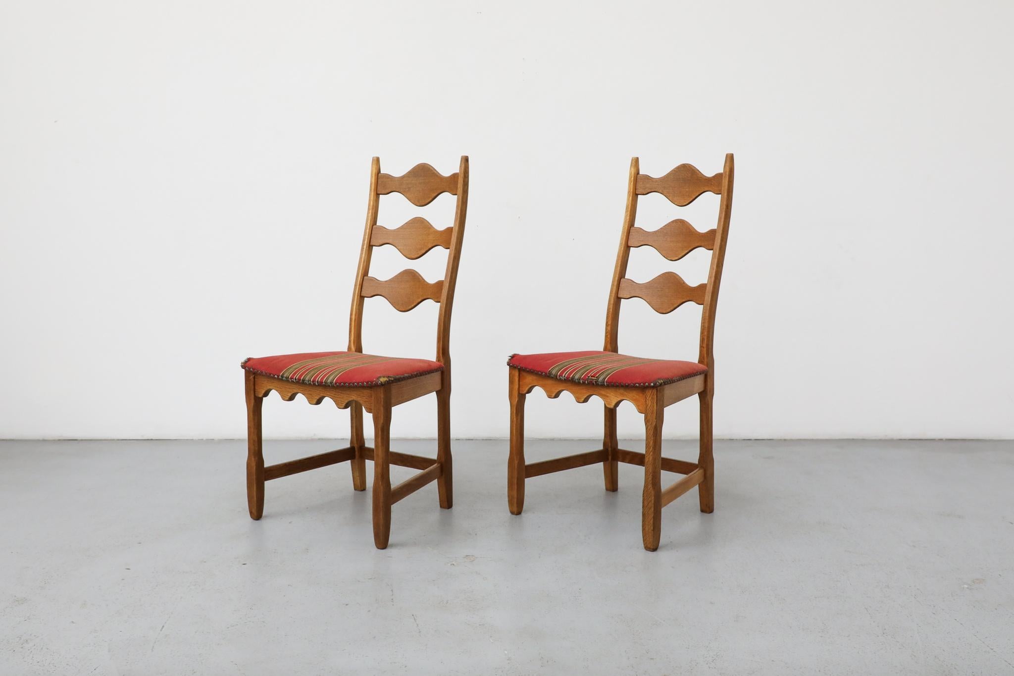 Mid-Century Modern Pair of Brutalist Oak Decorative Back Dining Chairs by Henning Kjaernulf For Sale