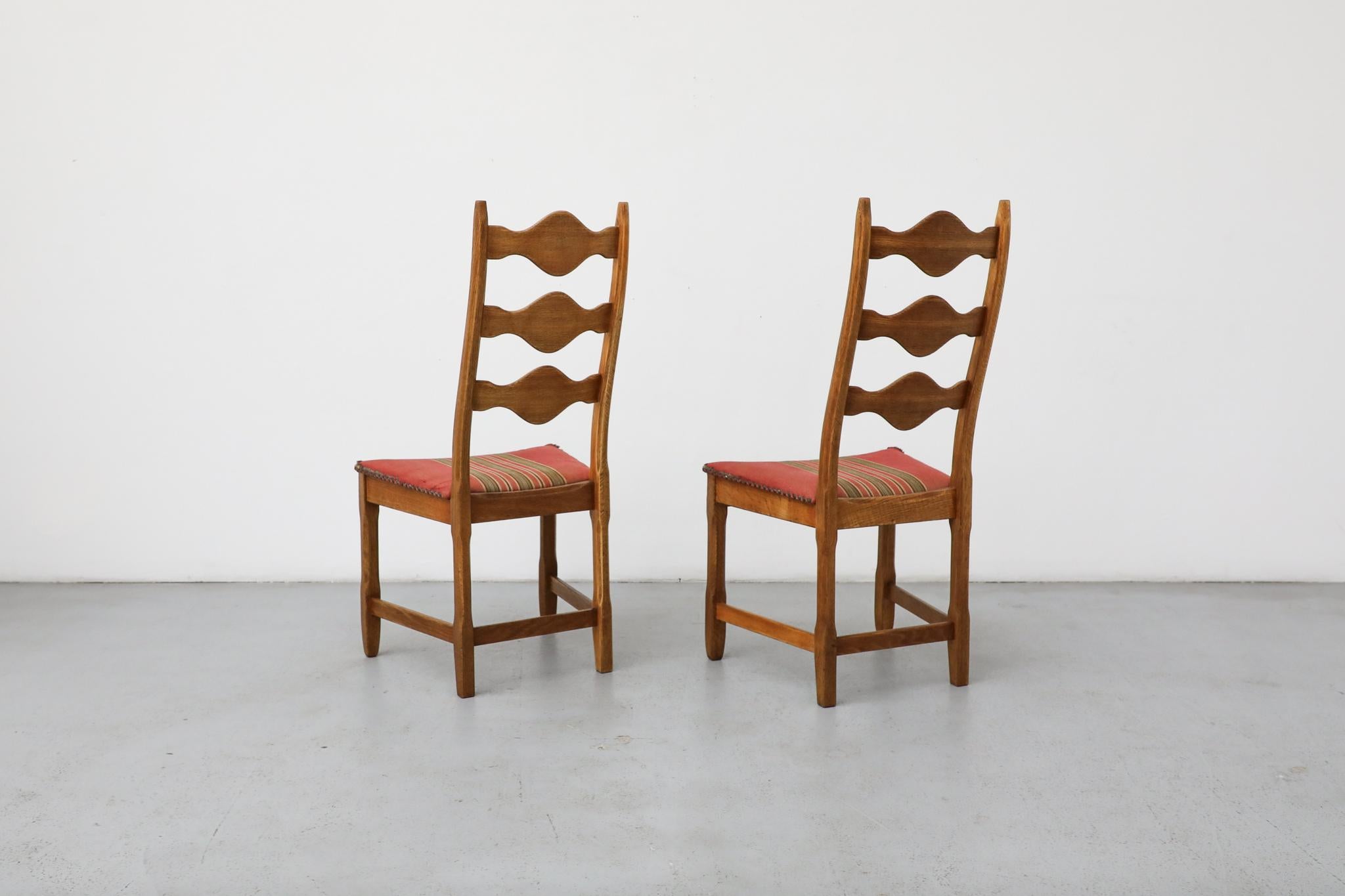 Carved Pair of Brutalist Oak Decorative Back Dining Chairs by Henning Kjaernulf For Sale