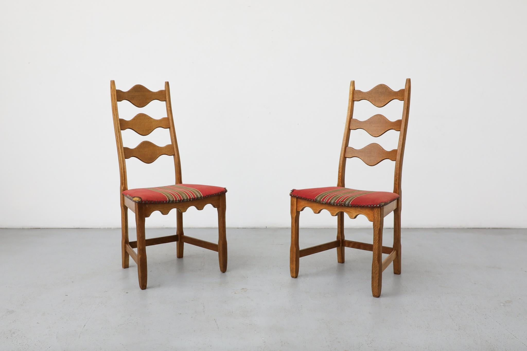 Mid-20th Century Pair of Brutalist Oak Decorative Back Dining Chairs by Henning Kjaernulf For Sale