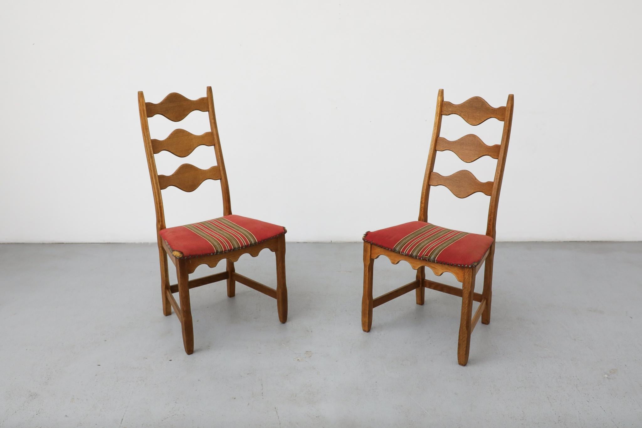 Fabric Pair of Brutalist Oak Decorative Back Dining Chairs by Henning Kjaernulf For Sale