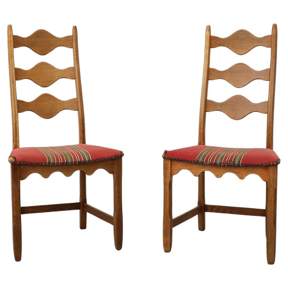 Pair of Brutalist Oak Decorative Back Dining Chairs by Henning Kjaernulf For Sale
