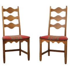 Pair of Brutalist Oak Decorative Back Dining Chairs by Henning Kjaernulf