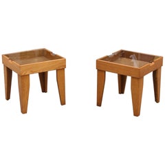Pair of Brutalist Oak, Glass and Wicker End Tables, Britain, circa 1970 Pair of Brutalist Oak, Glass and Wicker End Tables, Britain, circa 1970