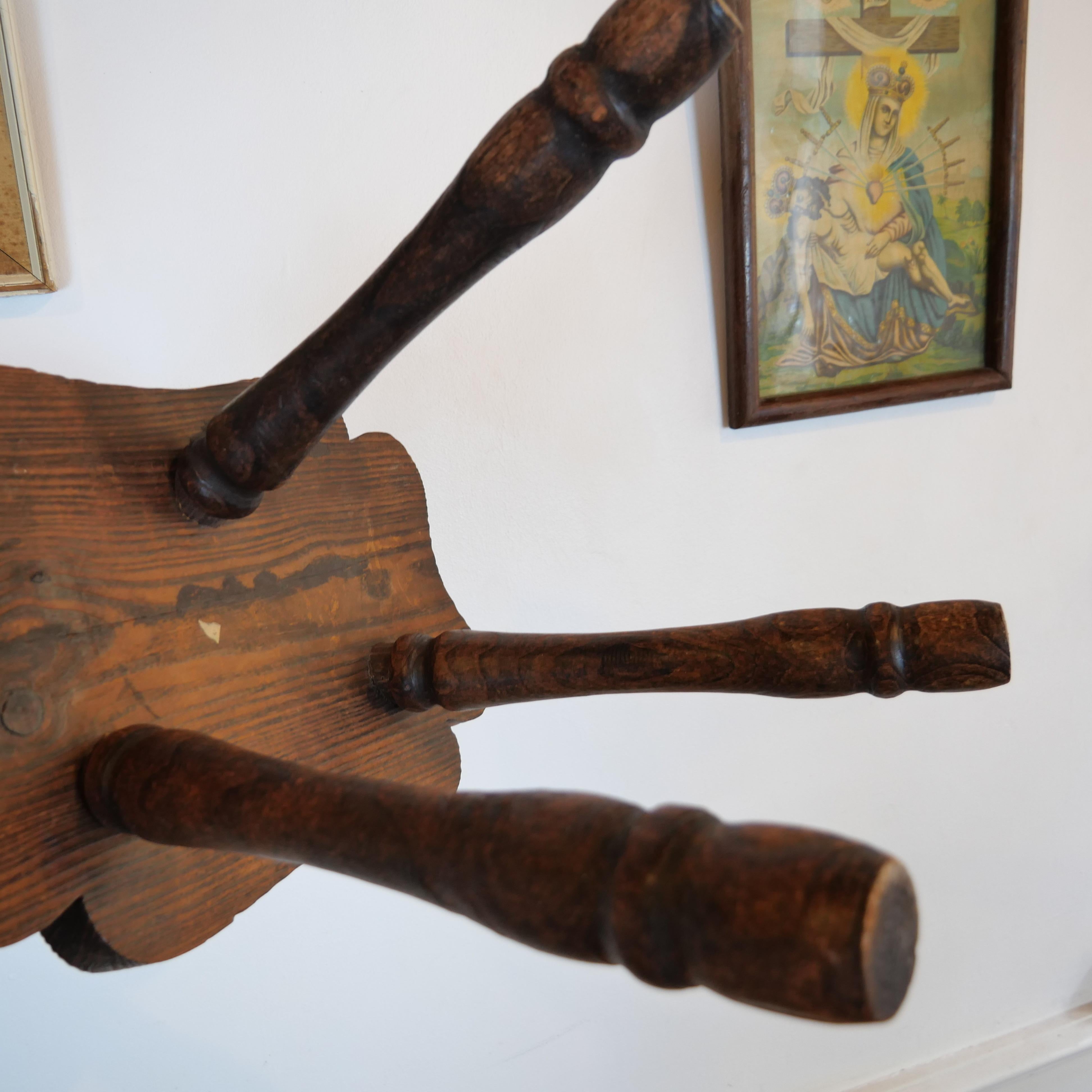 Hand-Carved Pair of brutalist oak tripod milking stools.