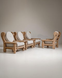 Brutalist Armchairs, Solid Oak with Upholstery, France, Circa 1970