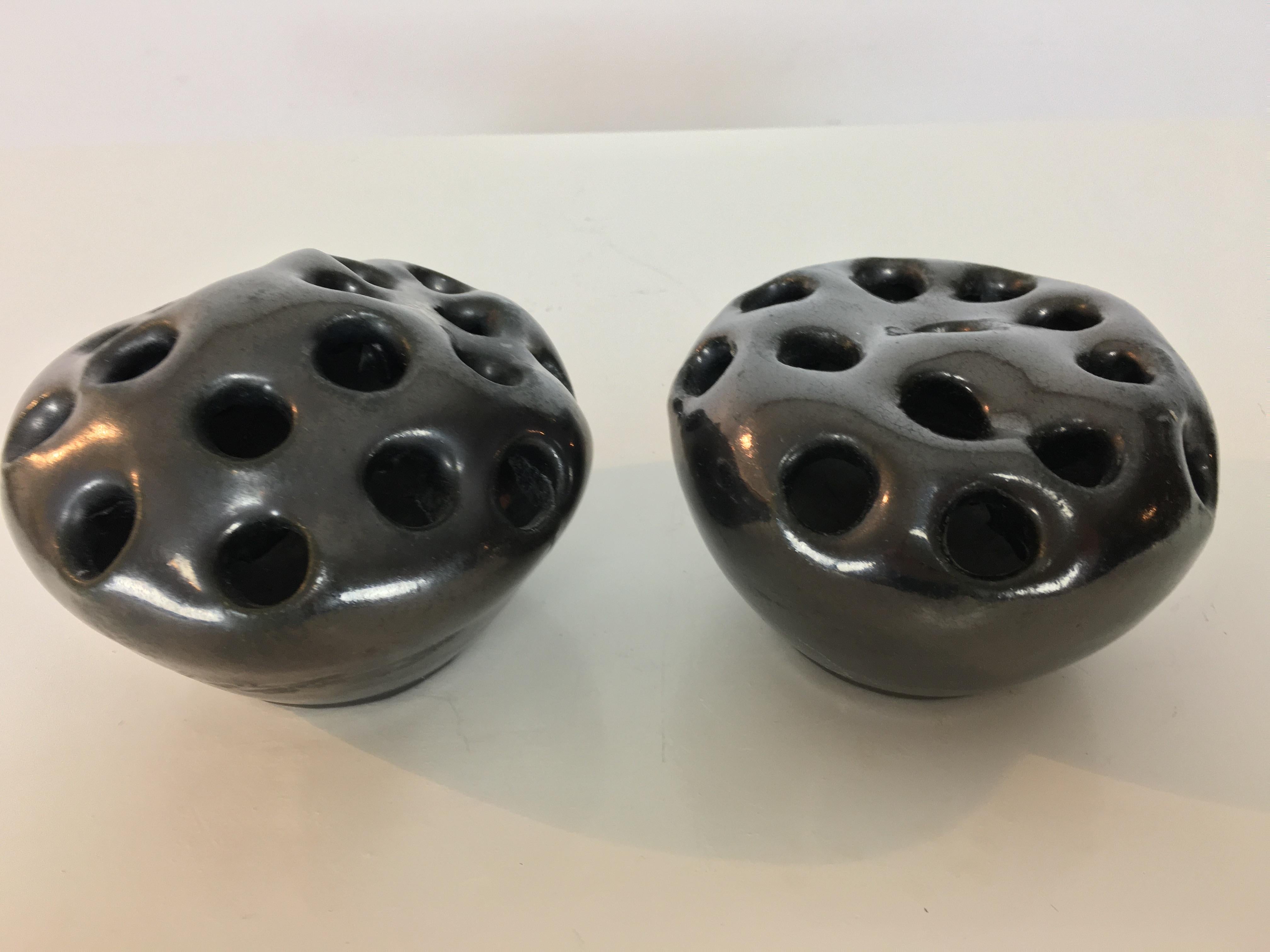 Brutalist Pair of brutalist organic black ceramic vases, 1950's, France For Sale