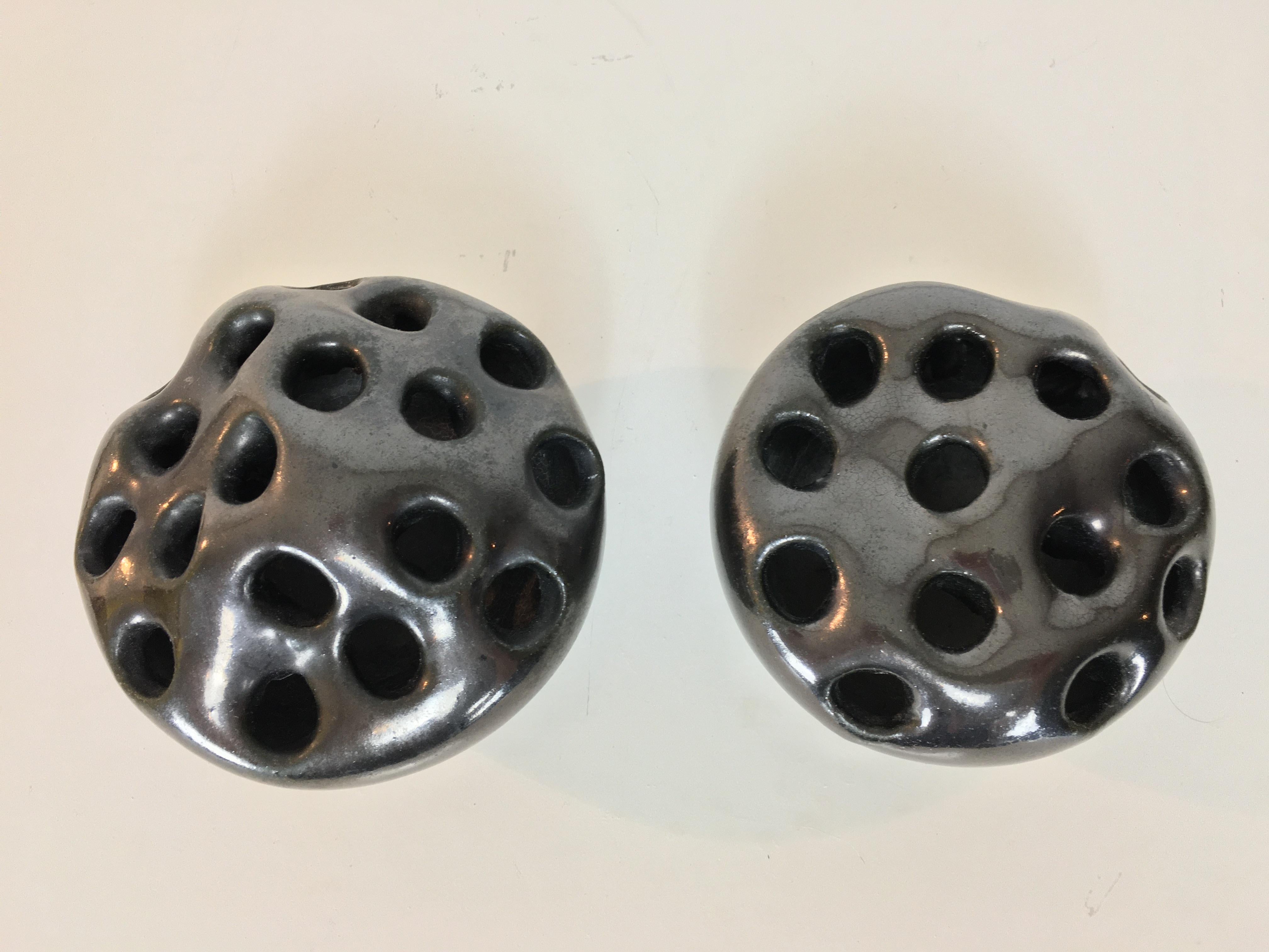 French Pair of brutalist organic black ceramic vases, 1950's, France For Sale