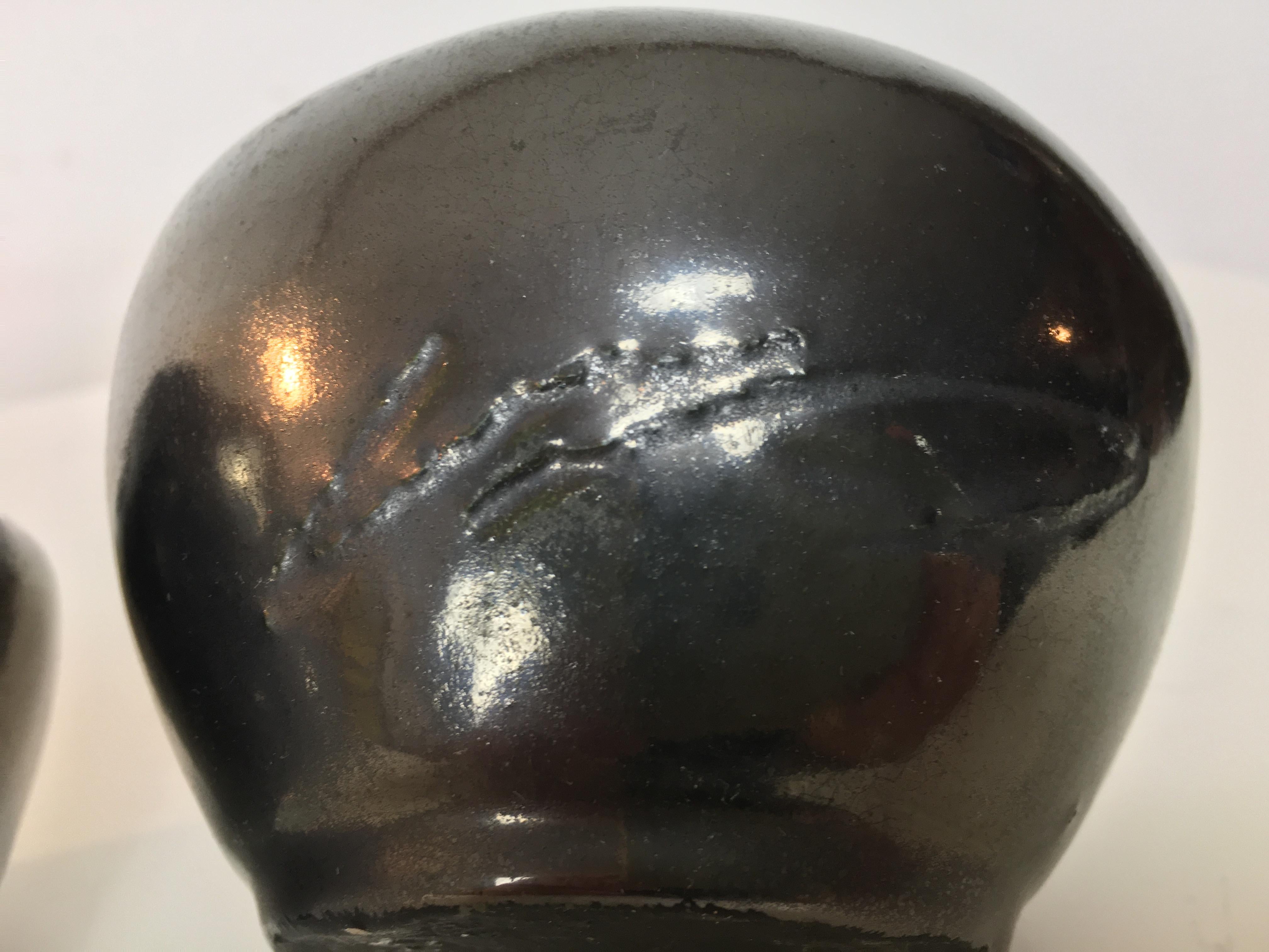 Mid-20th Century Pair of brutalist organic black ceramic vases, 1950's, France For Sale