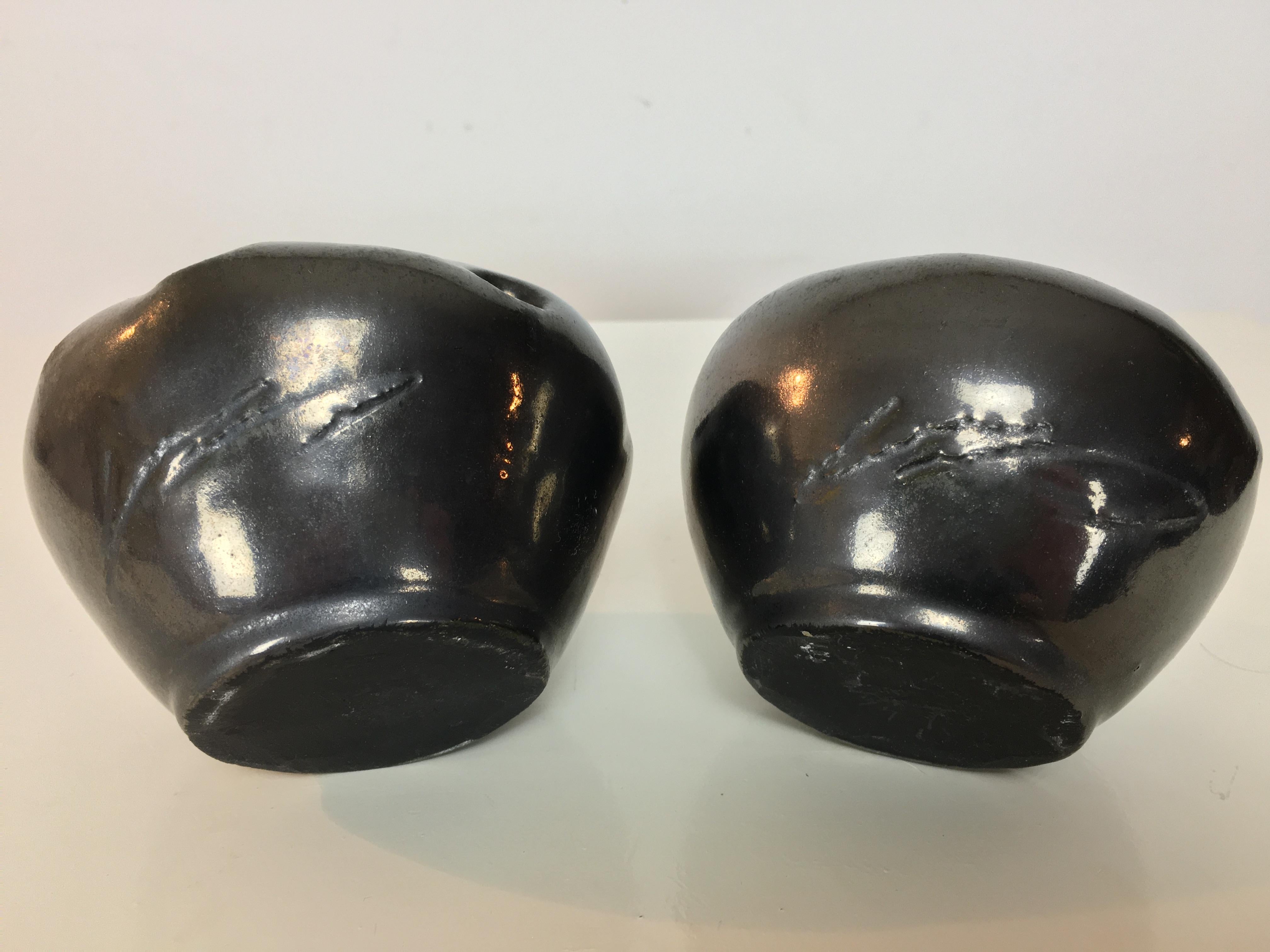 Ceramic Pair of brutalist organic black ceramic vases, 1950's, France For Sale