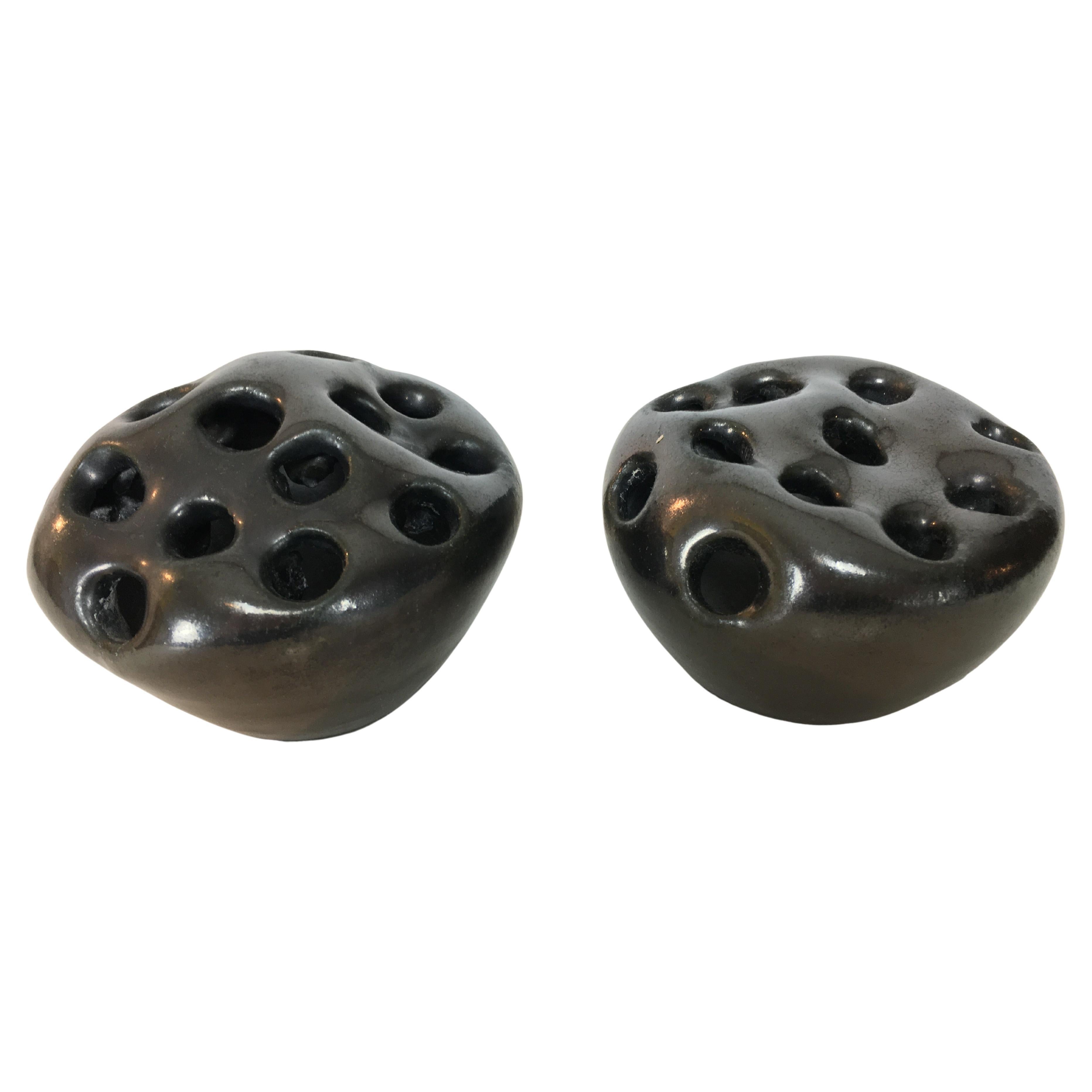 Pair of brutalist organic black ceramic vases, 1950's, France