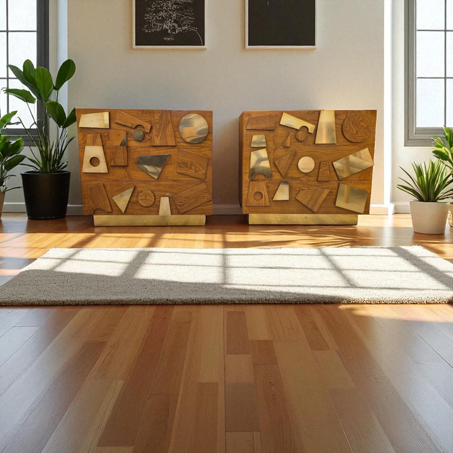 A pair of Italian brutalist commodes from the 1960s, distinguished by a striking interplay of visual and tactile contrasts. Each piece is the negative image of the other: where wood dominates one, polished brass takes center stage on the other. This