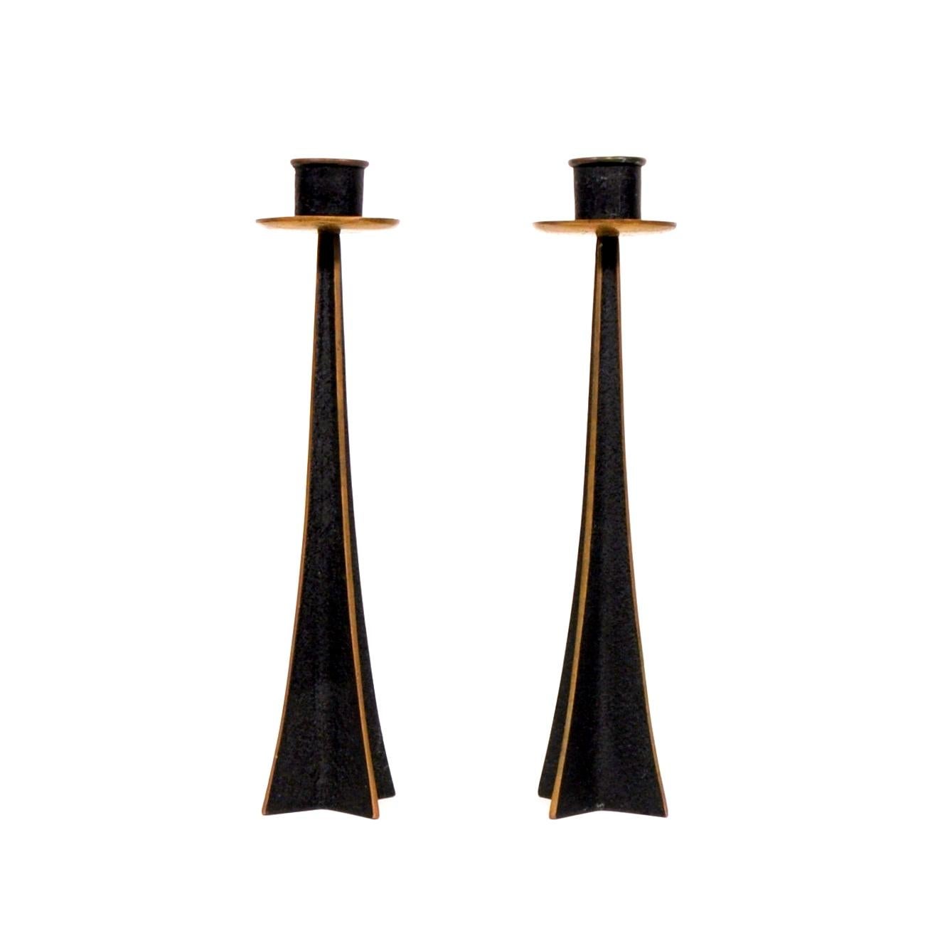 Mid-Century Modern Pair of Brutalist Patinated Bronze Candlesticks