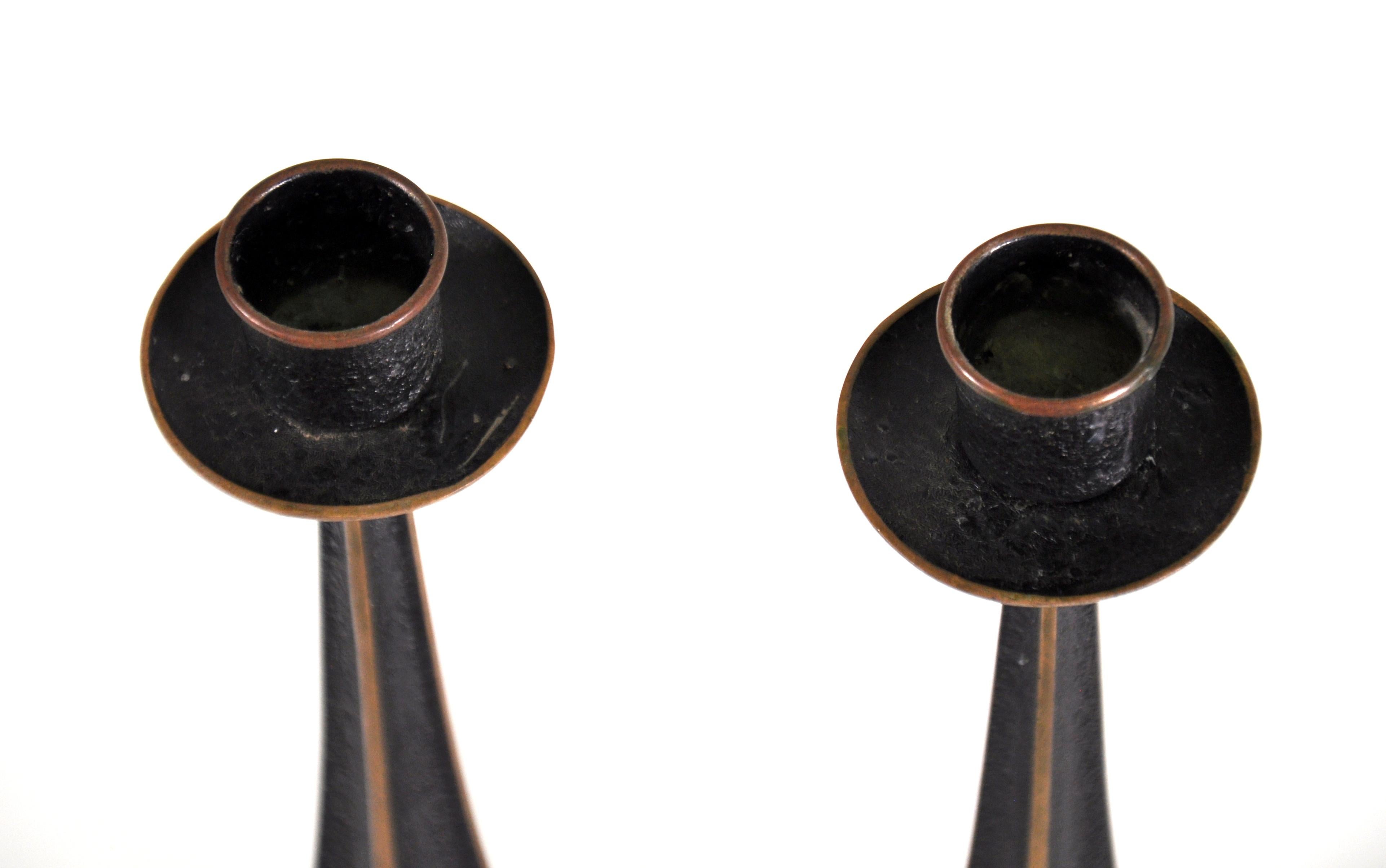 Pair of Brutalist Patinated Bronze Candlesticks 1