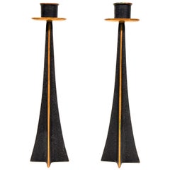 Pair of Brutalist Patinated Bronze Candlesticks