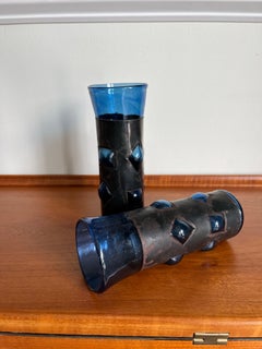 Pair of Brutalist Patinated Metal Mounted Blue Cocktail Drinking Glasses
