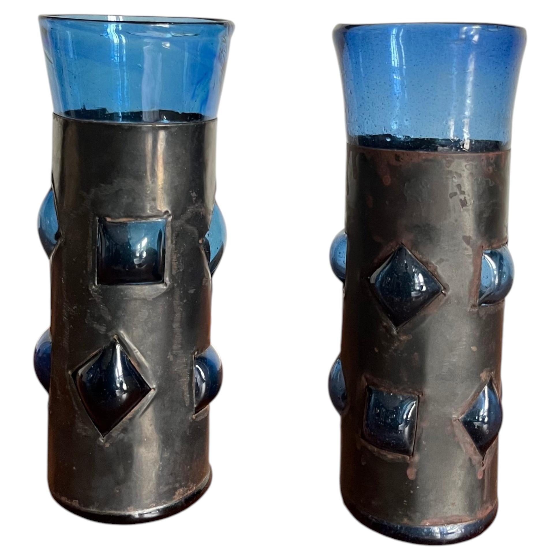 Pair of Brutalist Patinated Metal Mounted Blue Cocktail Drinking Glasses For Sale