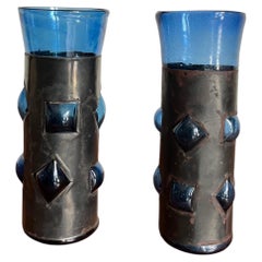Pair of Brutalist Patinated Metal Mounted Blue Cocktail Drinking Glasses