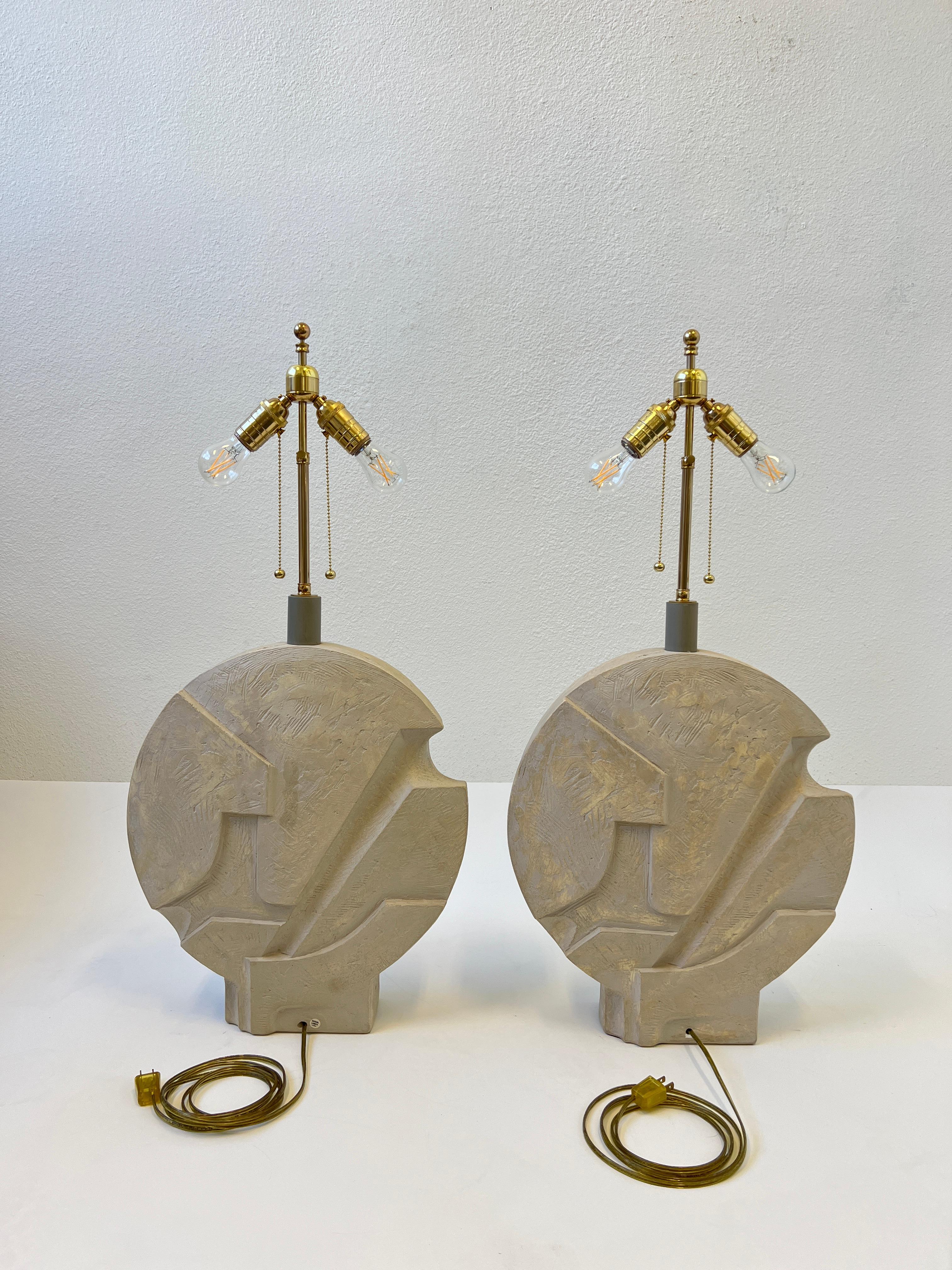 Pair of Brutalist Plaster and Brass Table Lamps by Casual Lamps of California 4