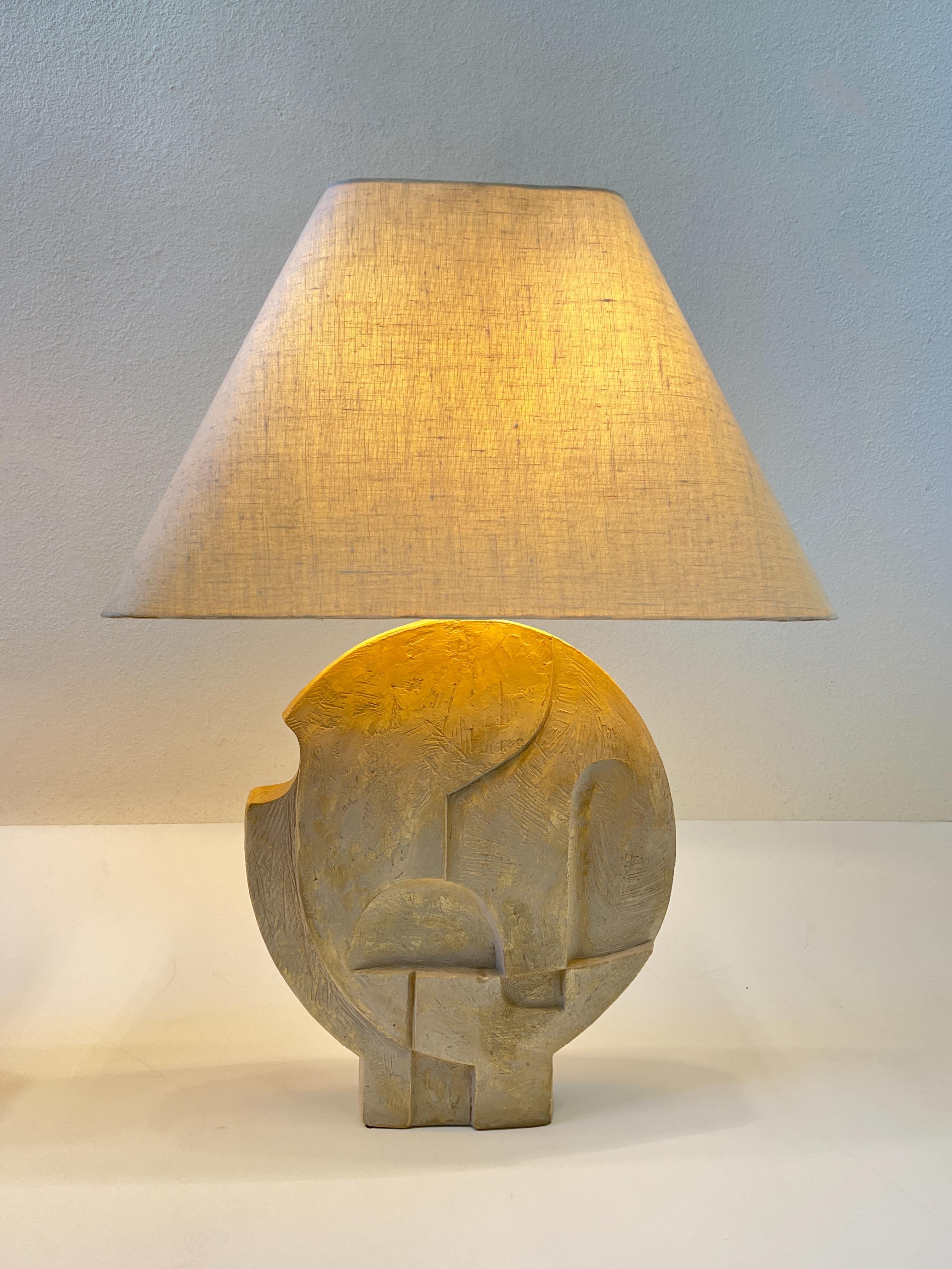 Pair of Brutalist Plaster and Brass Table Lamps by Casual Lamps of California 7
