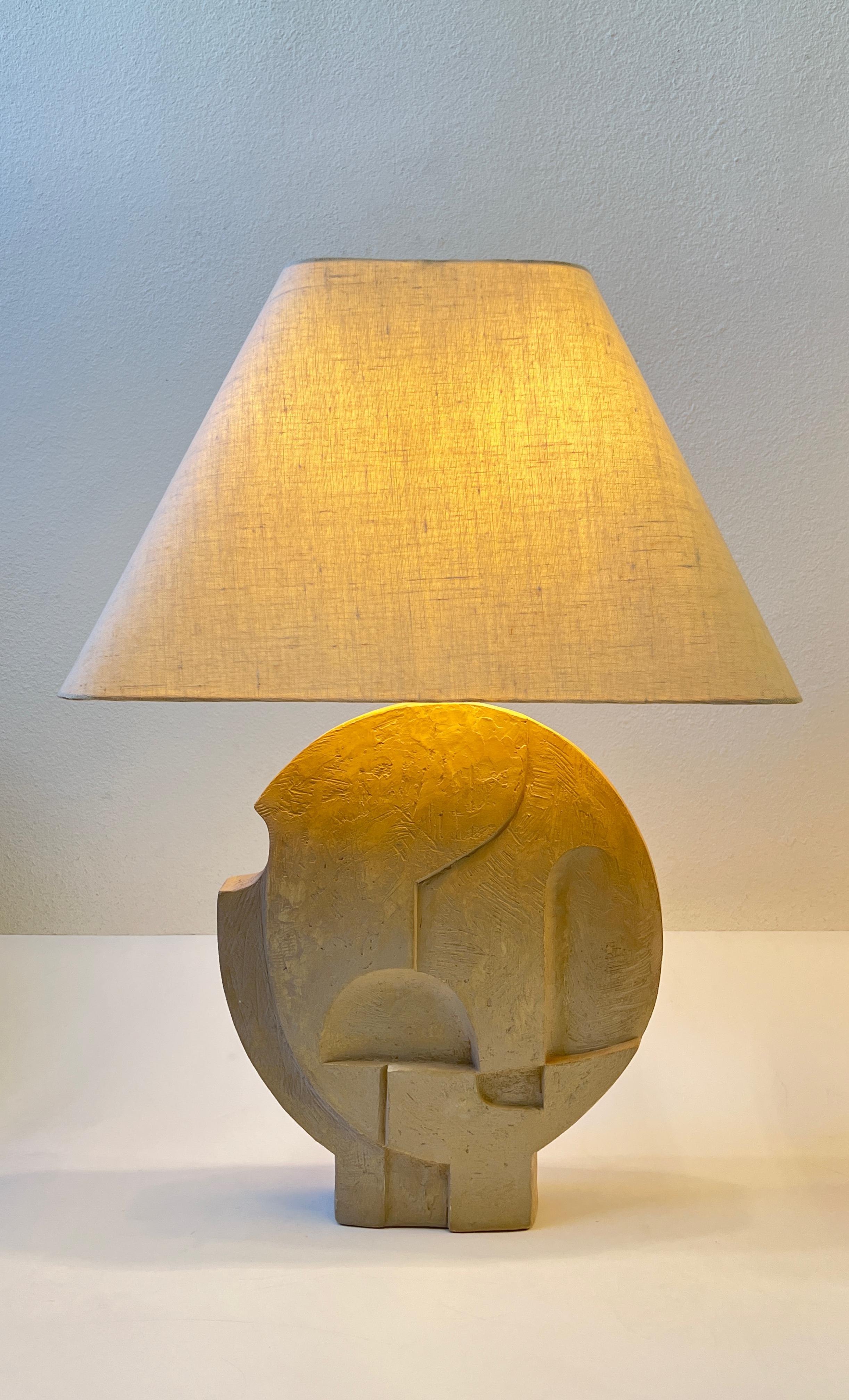 Pair of Brutalist Plaster and Brass Table Lamps by Casual Lamps of California 8