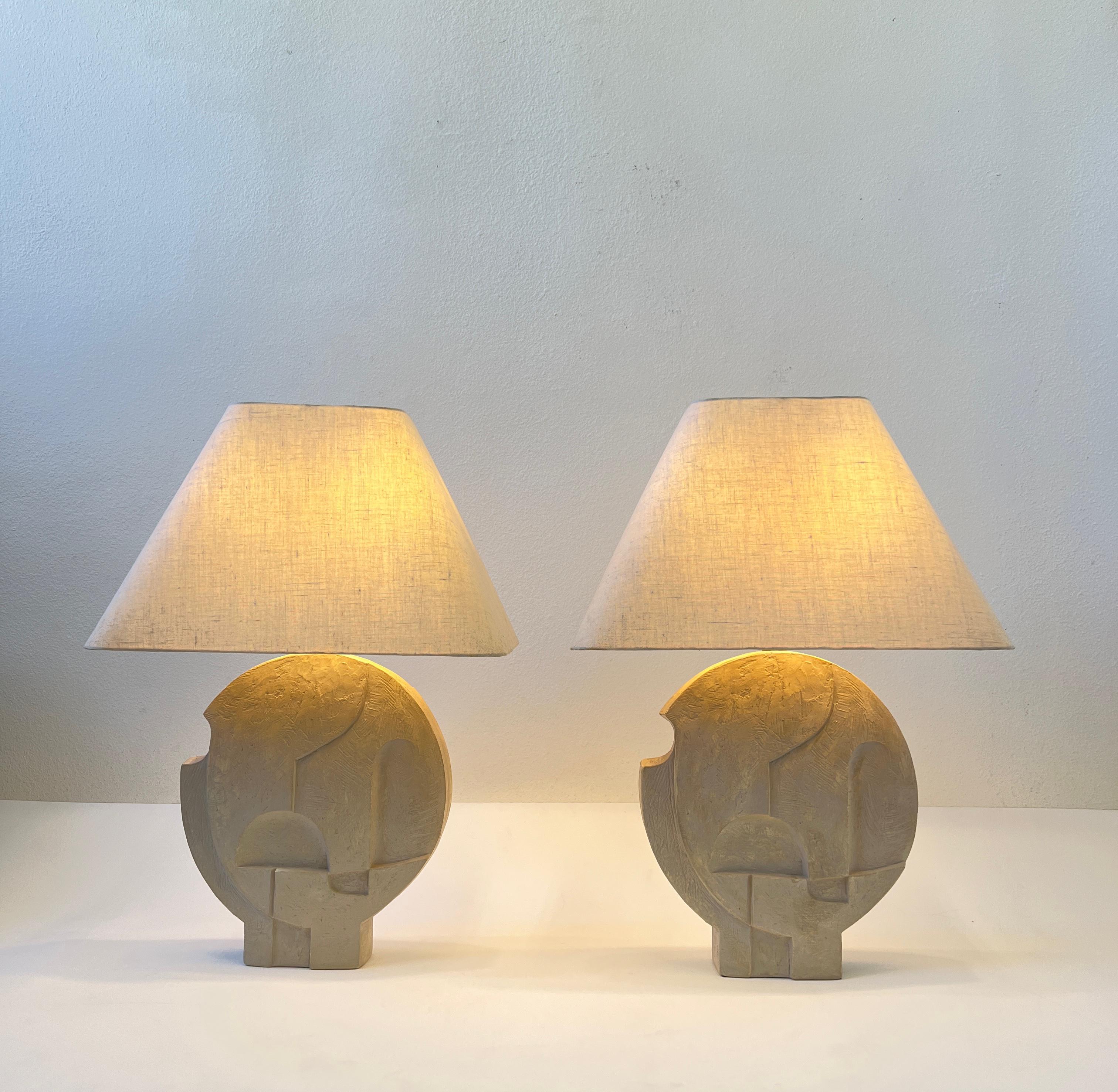 Pair of Brutalist Plaster and Brass Table Lamps by Casual Lamps of California 9