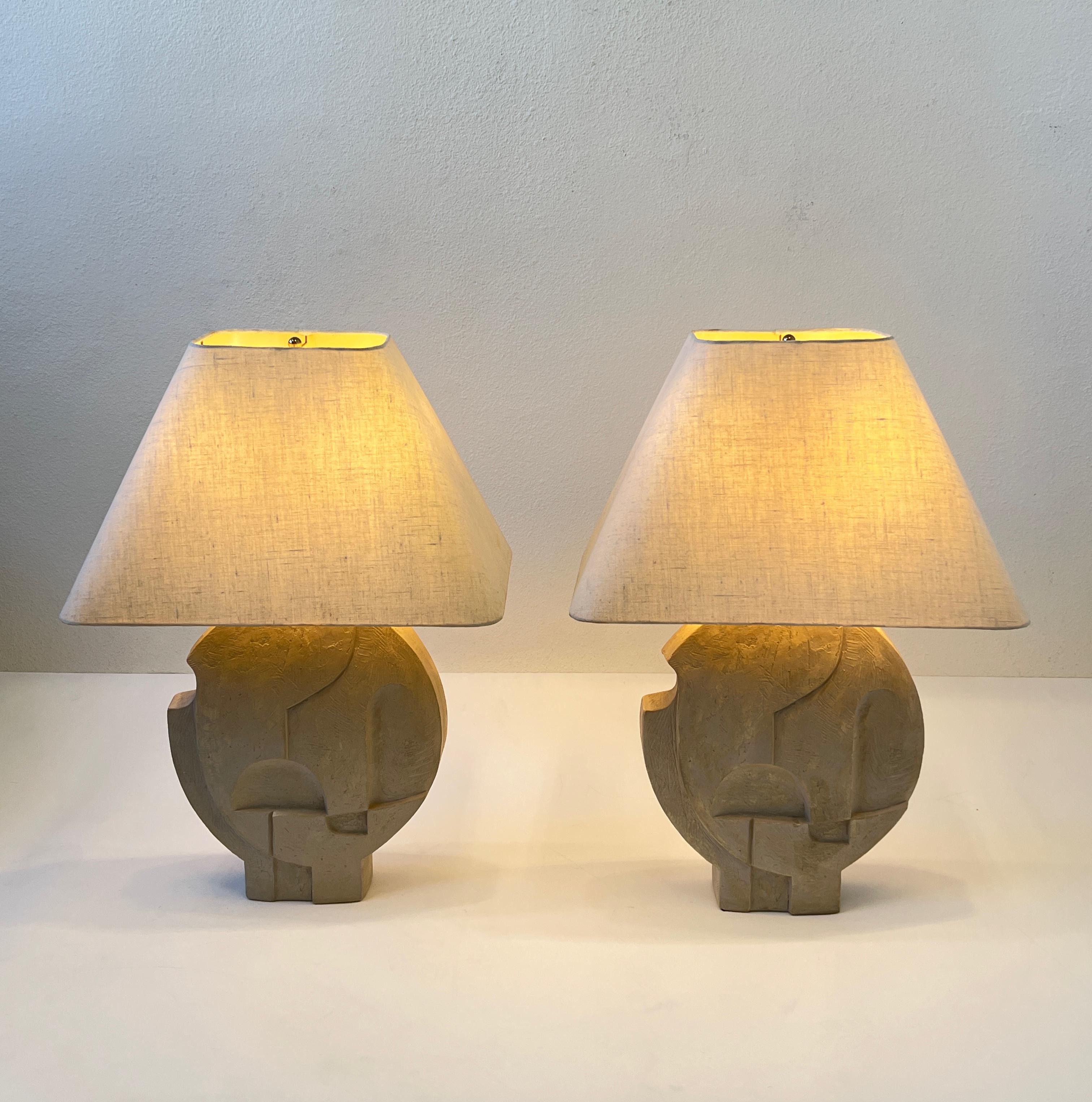 American Pair of Brutalist Plaster and Brass Table Lamps by Casual Lamps of California