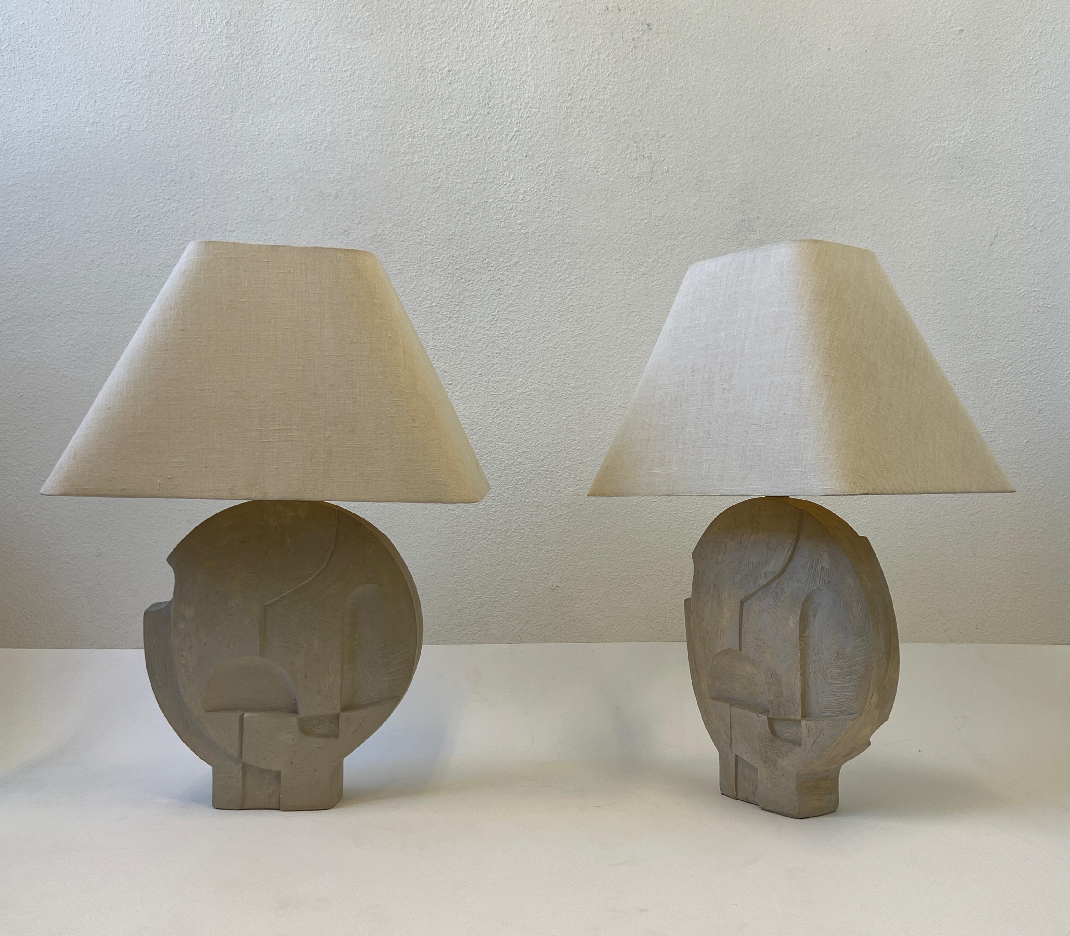 Cast Pair of Brutalist Plaster and Brass Table Lamps by Casual Lamps of California