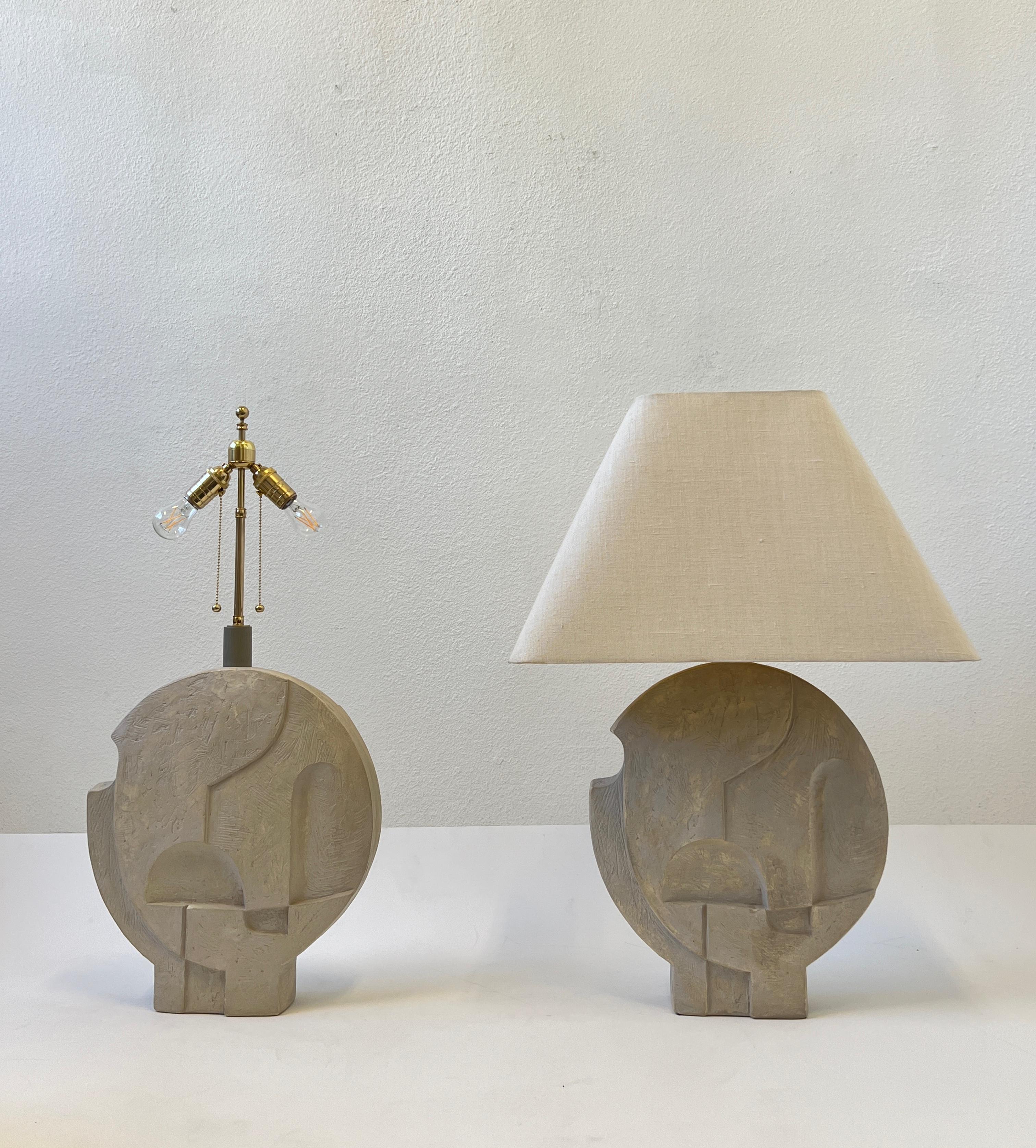 Late 20th Century Pair of Brutalist Plaster and Brass Table Lamps by Casual Lamps of California
